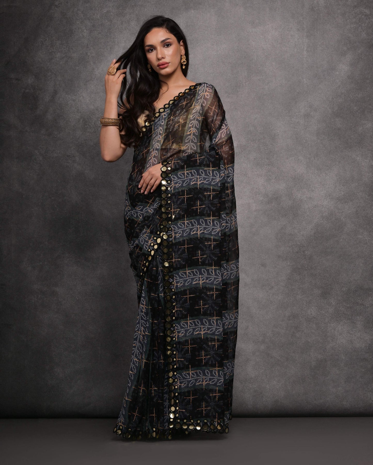 Jyoti Fashion Women's Grey Chiffon Mirror Work Designer Saree with Blouse | Swadesiicart