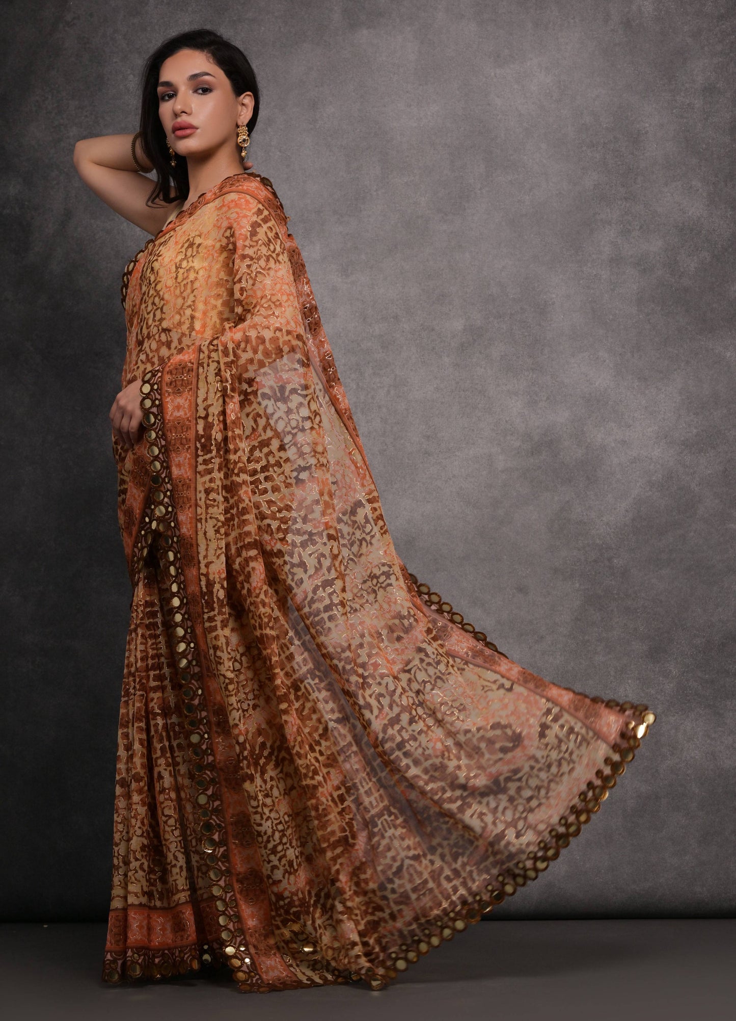 Jyoti Fashion Women's Brown Chiffon Mirror Work Designer Saree with Blouse | Swadesiicart