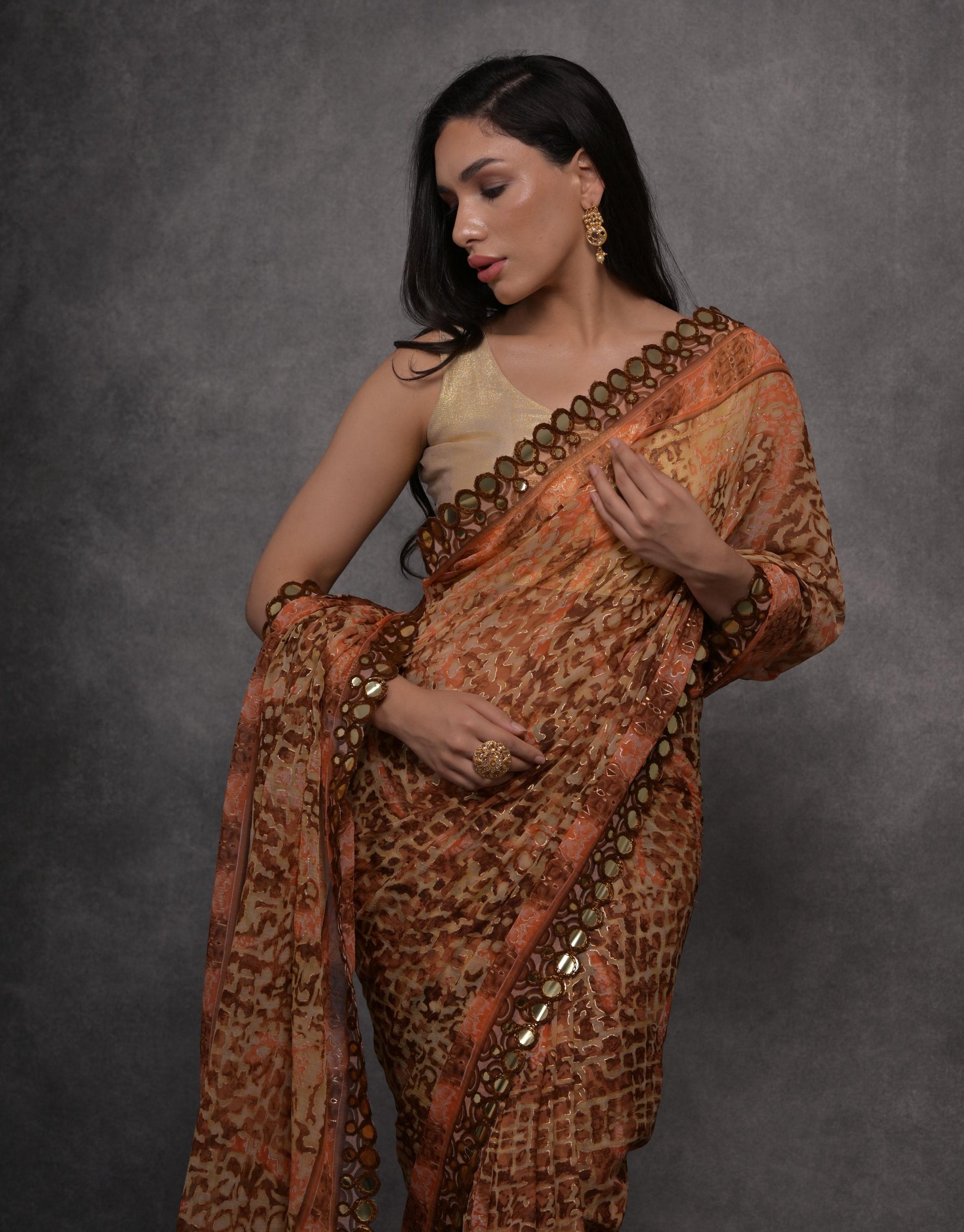 Jyoti Fashion Women's Brown Chiffon Mirror Work Designer Saree with Blouse | Swadesiicart