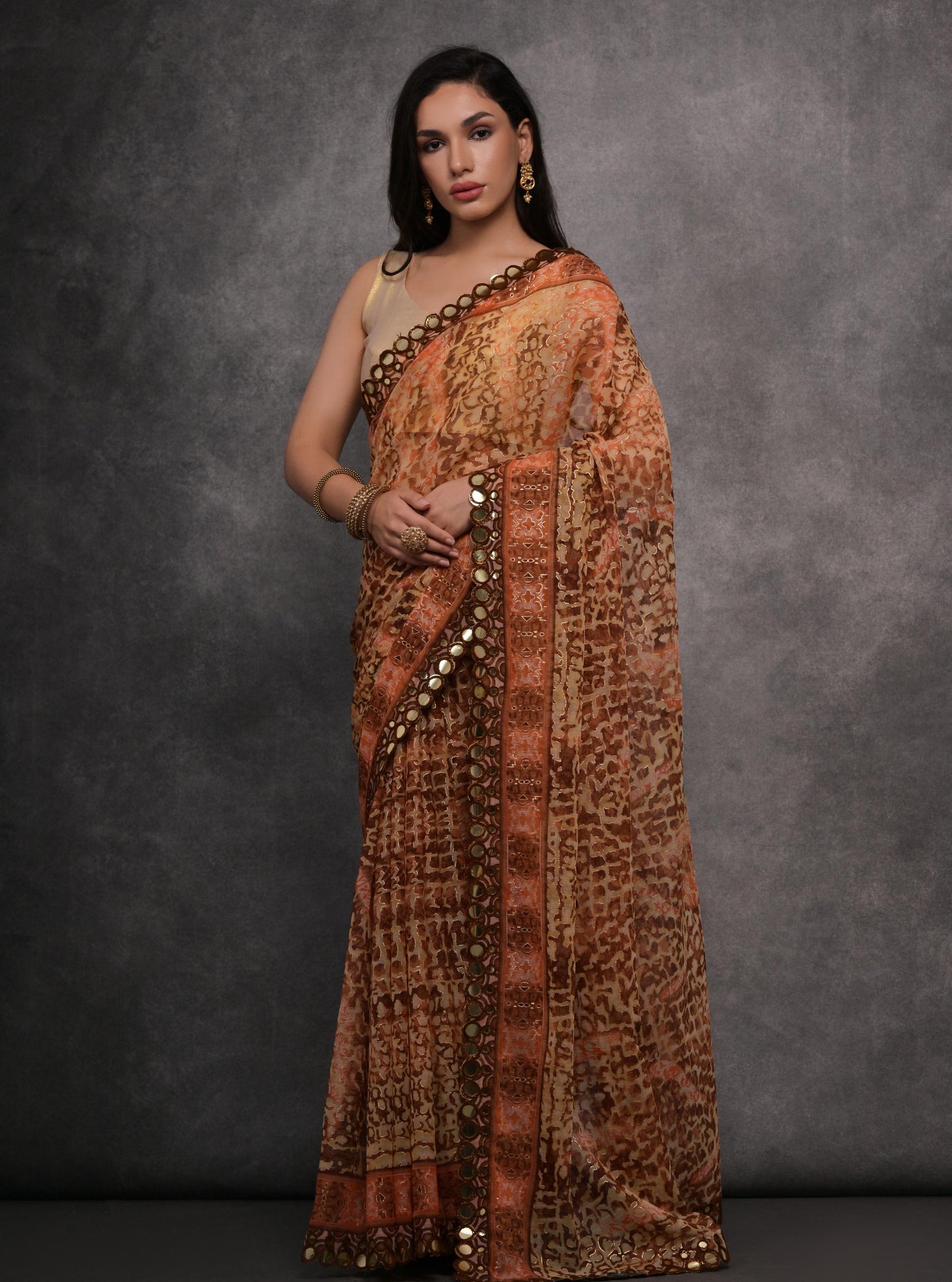 Jyoti Fashion Women's Brown Chiffon Mirror Work Designer Saree with Blouse | Swadesiicart