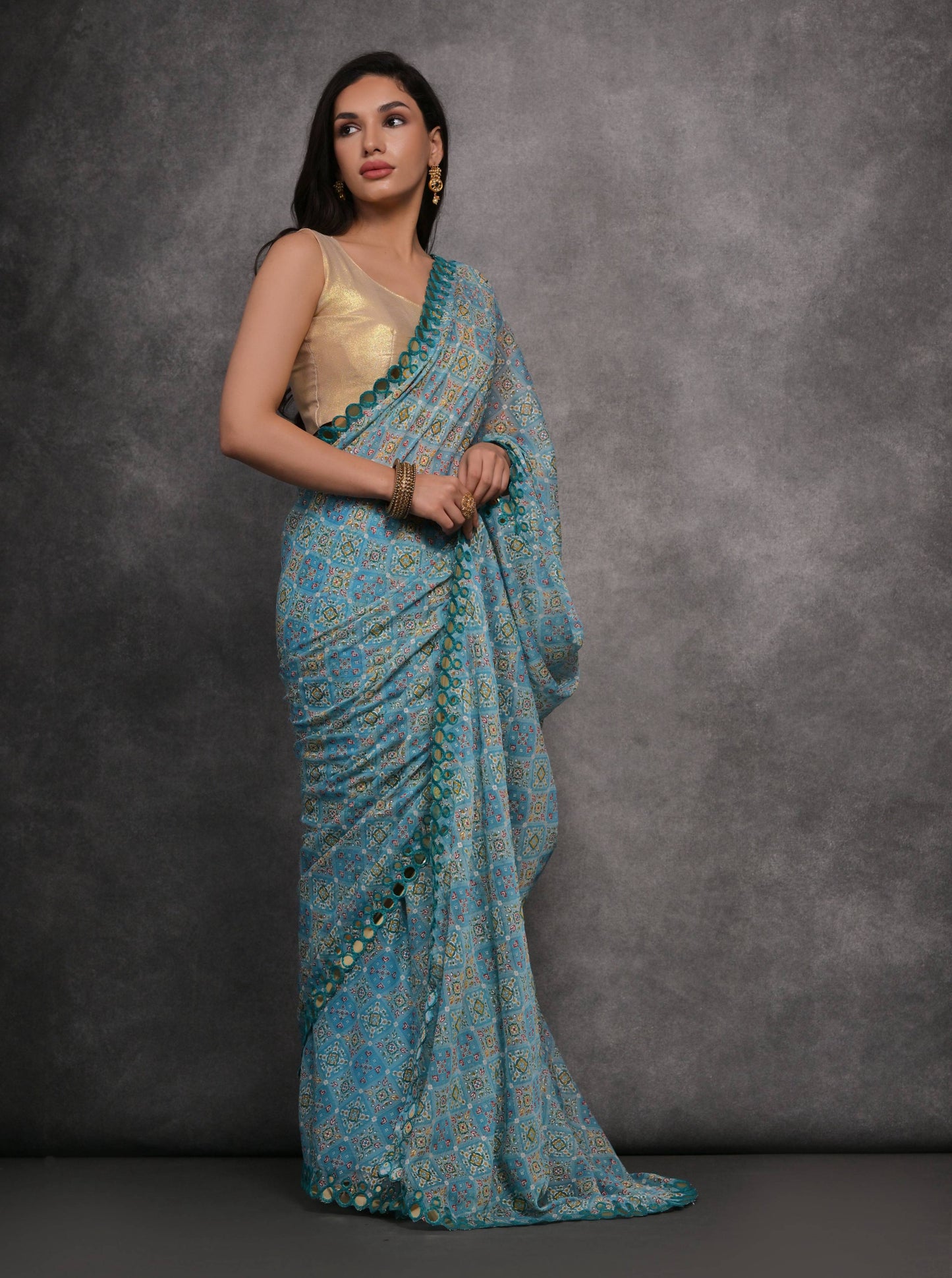 Jyoti Fashion Women's Sky Blue Chiffon Mirror Work Designer Saree with Blouse | Swadesiicart