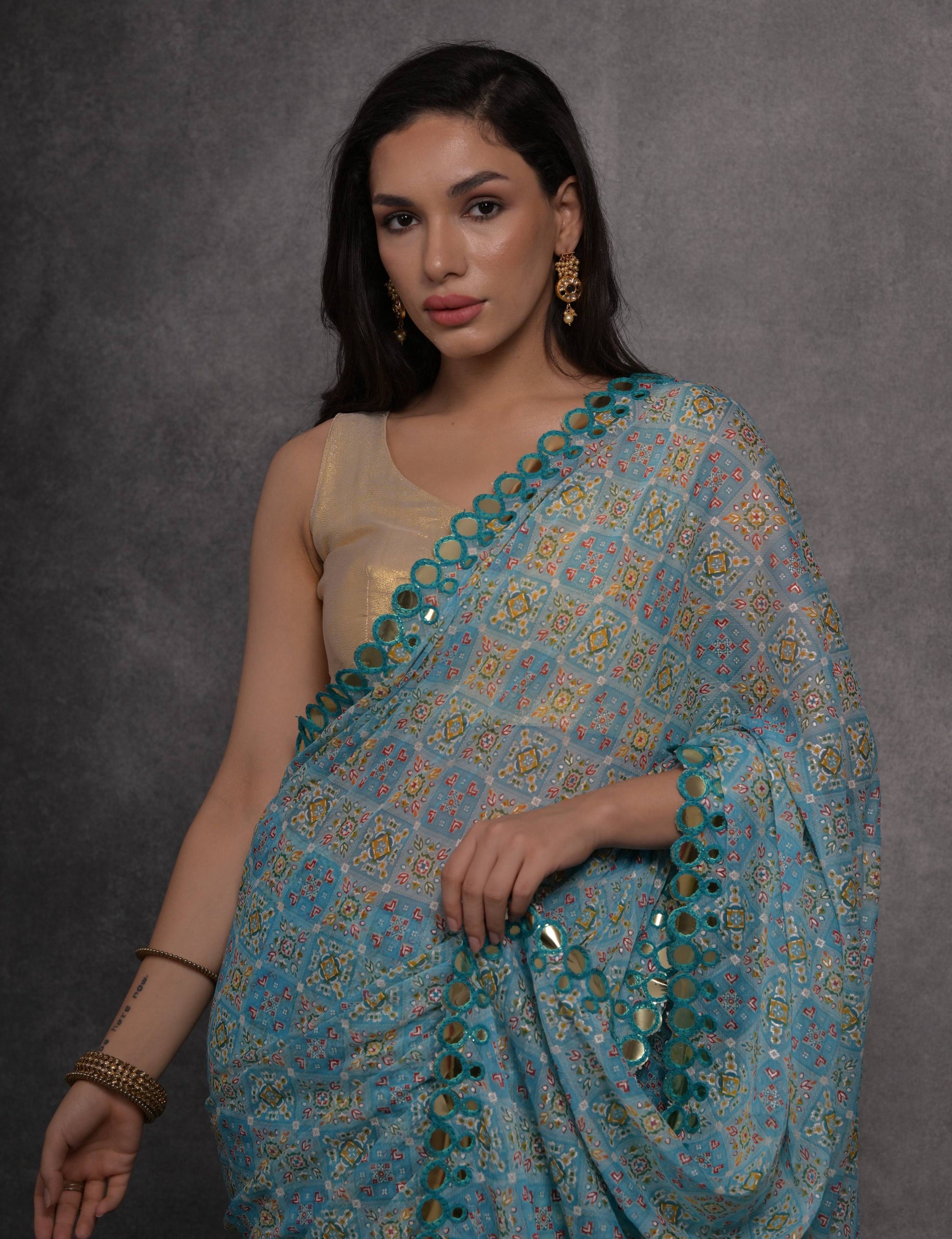 Jyoti Fashion Women's Sky Blue Chiffon Mirror Work Designer Saree with Blouse | Swadesiicart