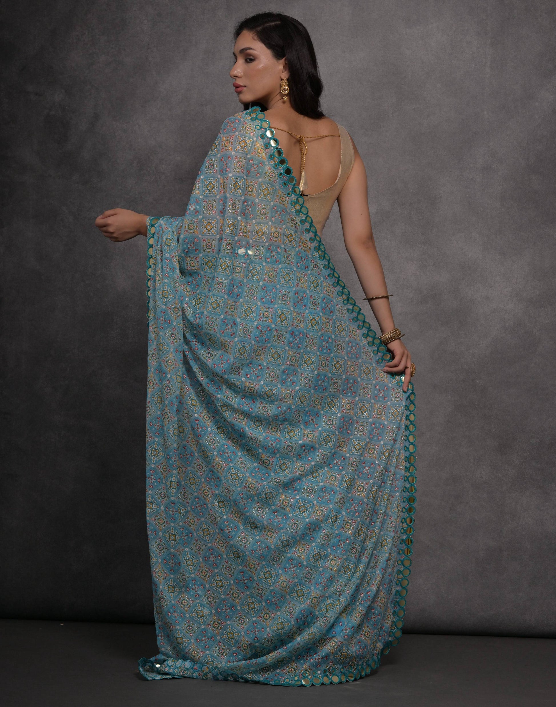 Jyoti Fashion Women's Sky Blue Chiffon Mirror Work Designer Saree with Blouse | Swadesiicart