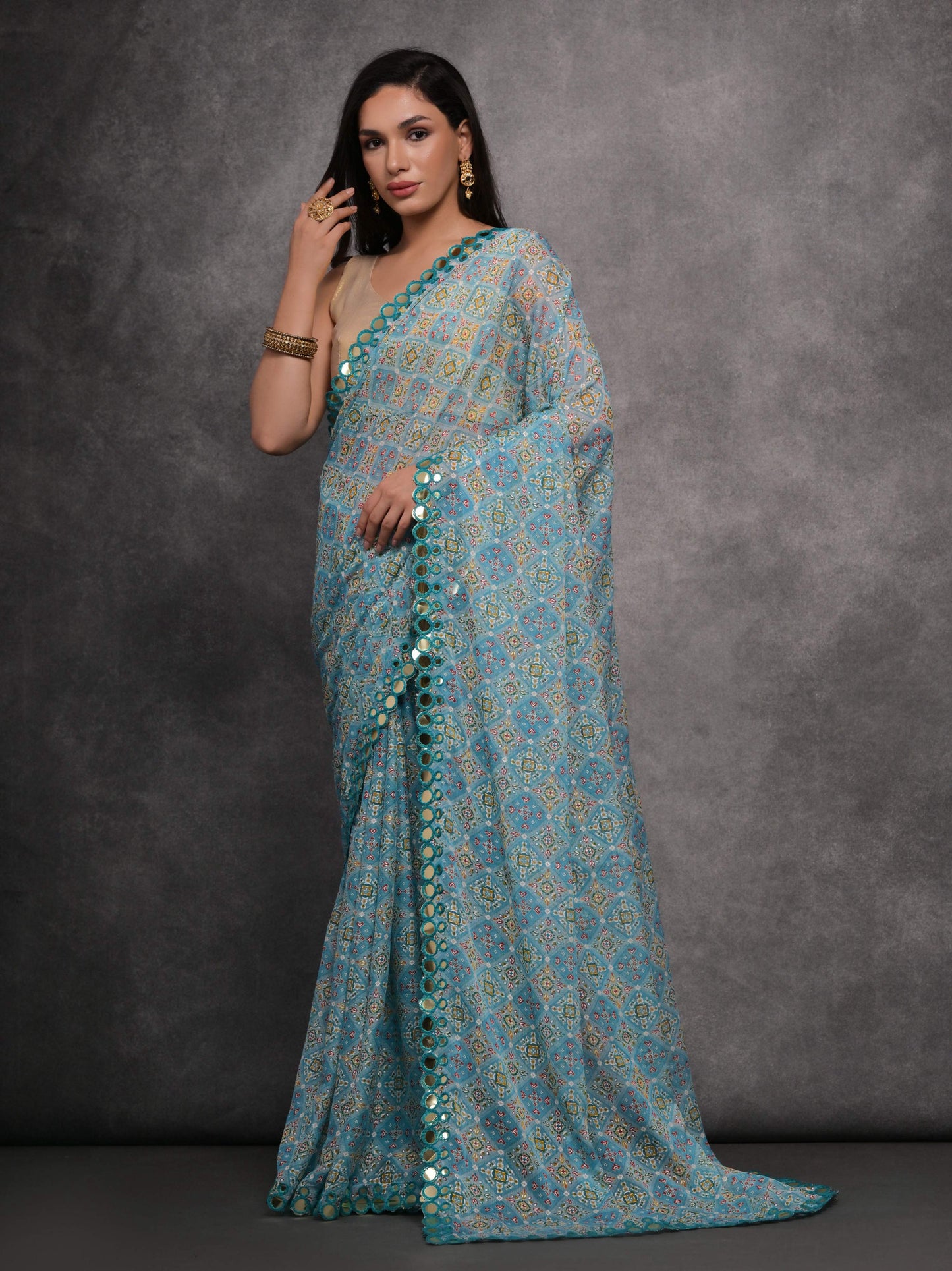 Jyoti Fashion Women's Sky Blue Chiffon Mirror Work Designer Saree with Blouse | Swadesiicart