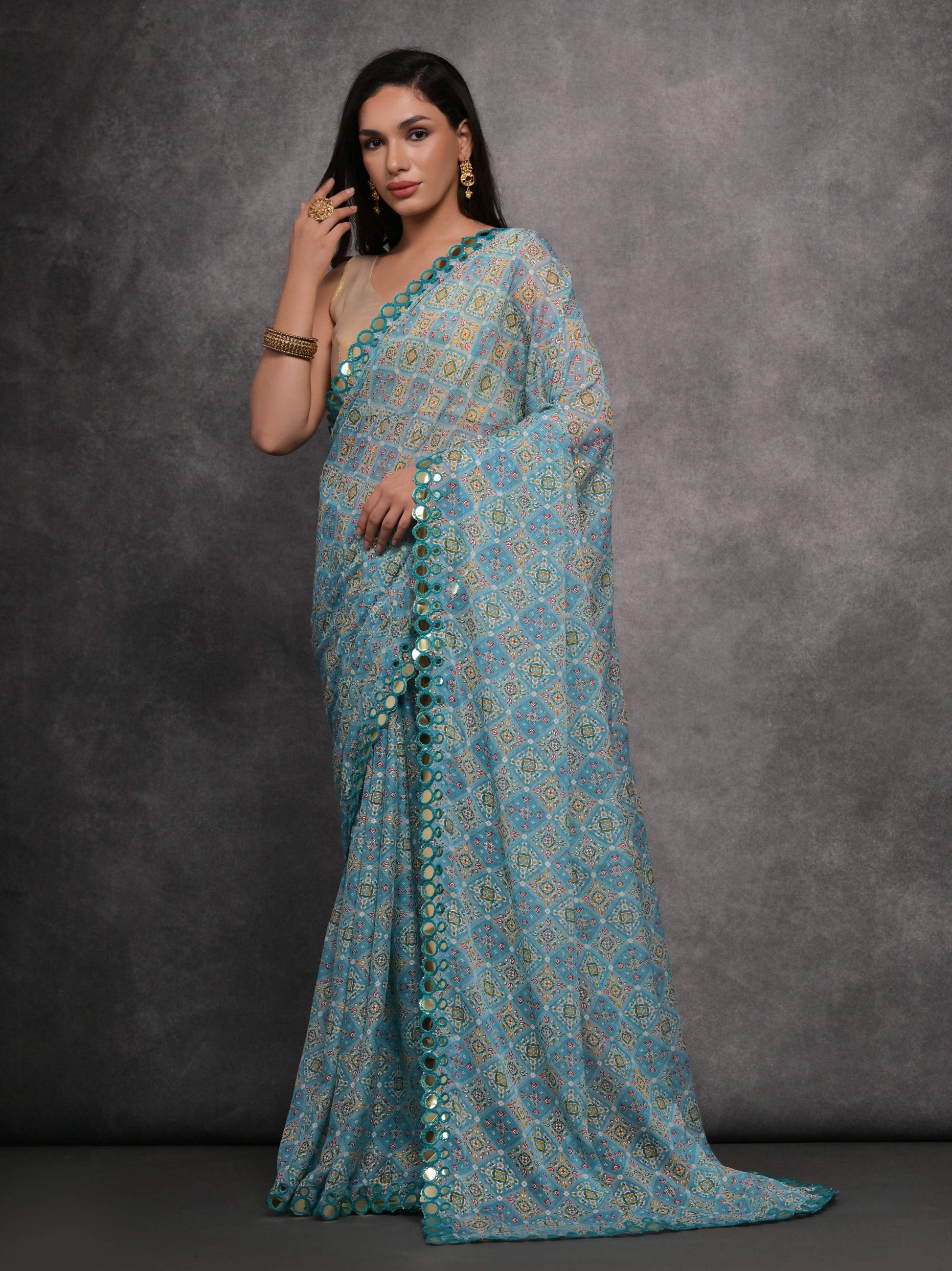Jyoti Fashion Women's Sky Blue Chiffon Mirror Work Designer Saree with Blouse | Swadesiicart