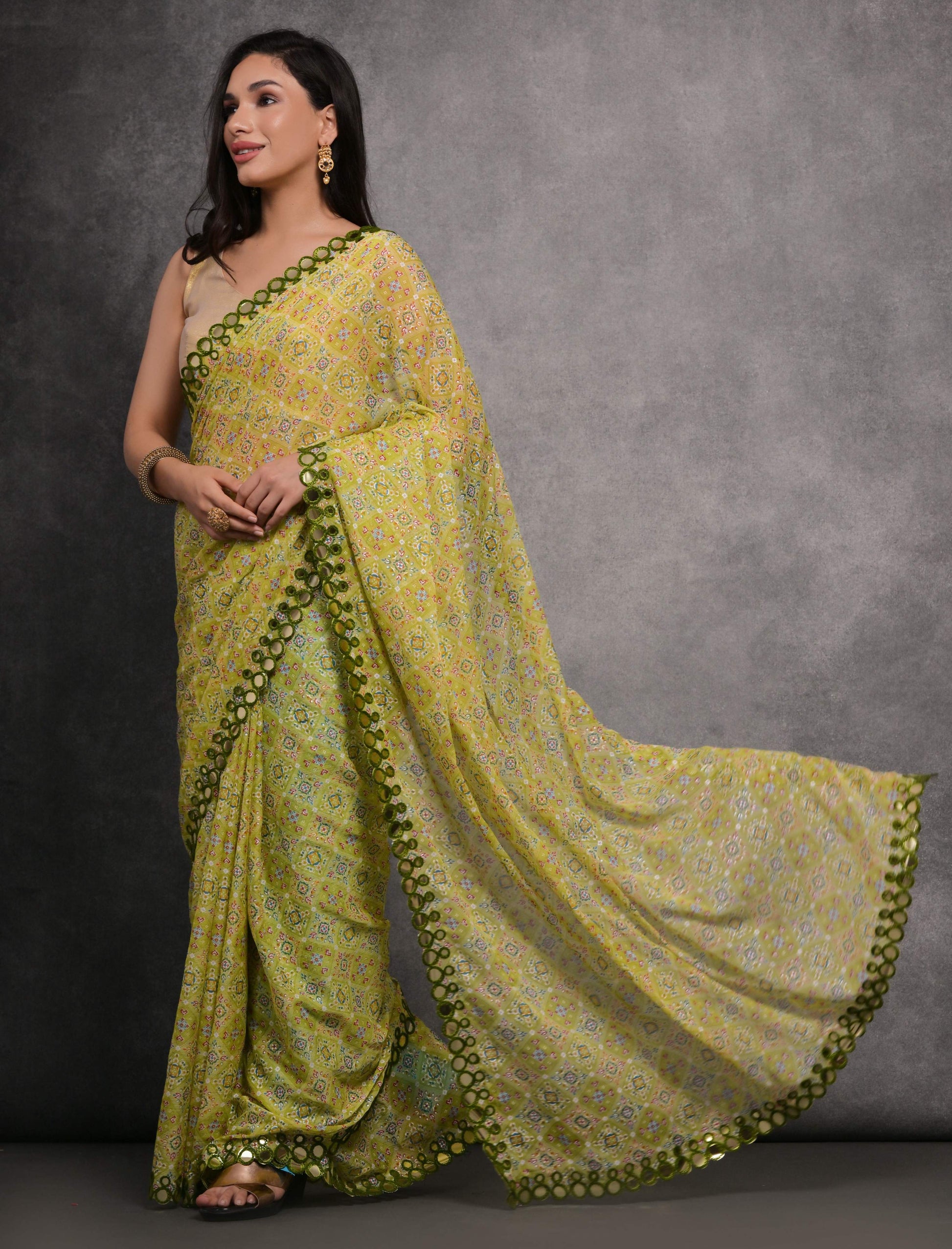 Jyoti Fashion Women's Mehendi Chiffon Mirror Work Designer Saree with Blouse | Swadesiicart