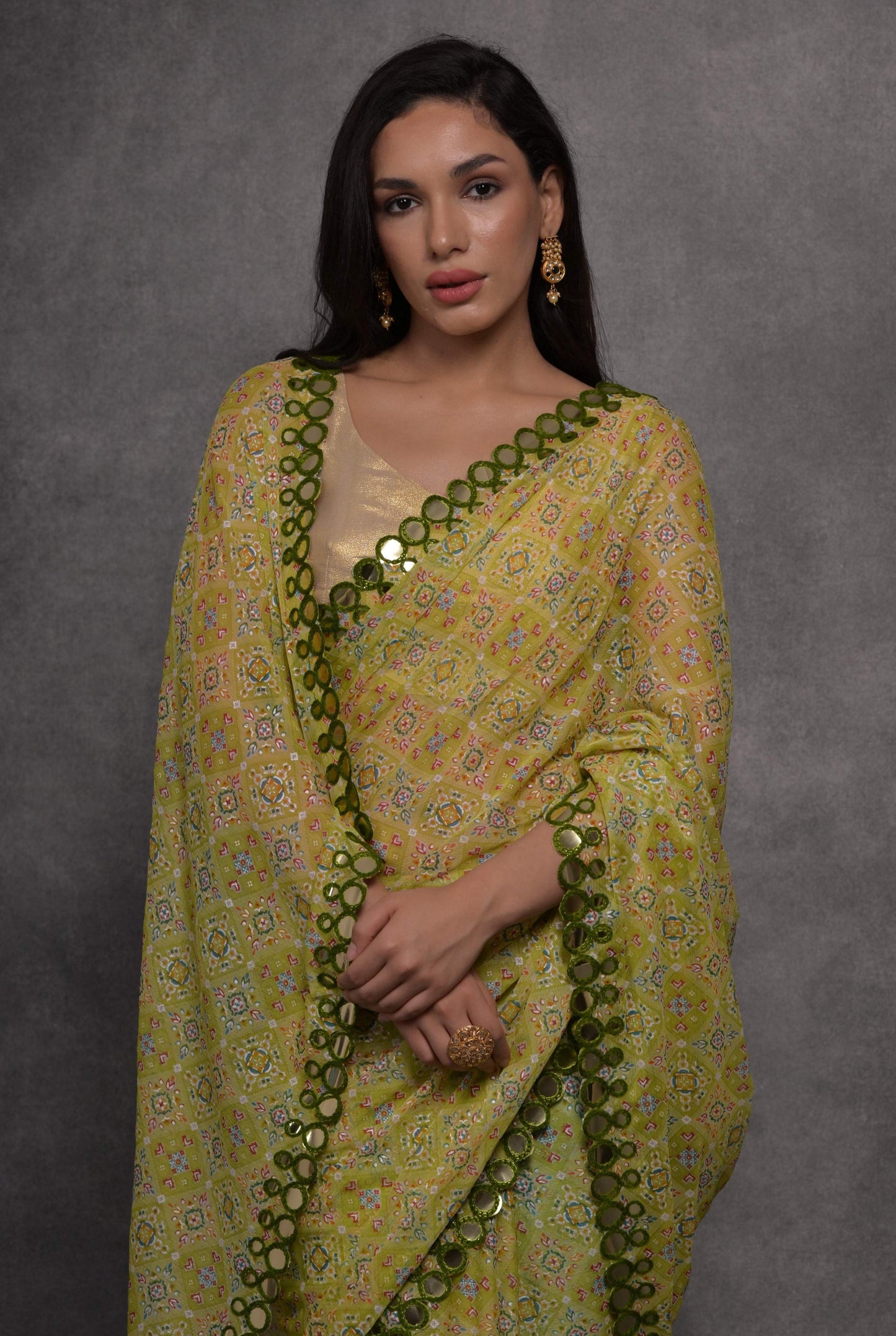 Jyoti Fashion Women's Mehendi Chiffon Mirror Work Designer Saree with Blouse | Swadesiicart