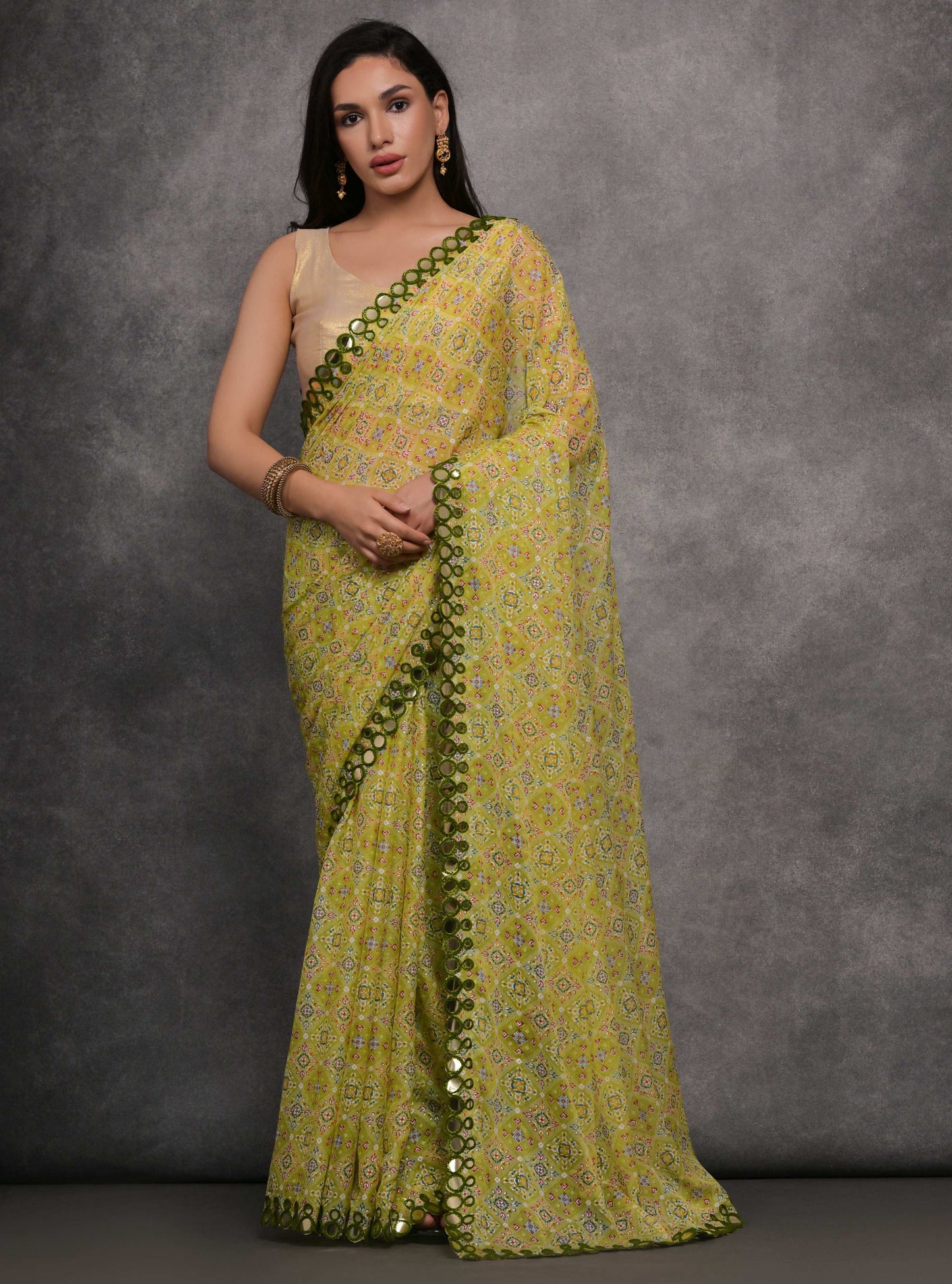 Jyoti Fashion Women's Mehendi Chiffon Mirror Work Designer Saree with Blouse | Swadesiicart