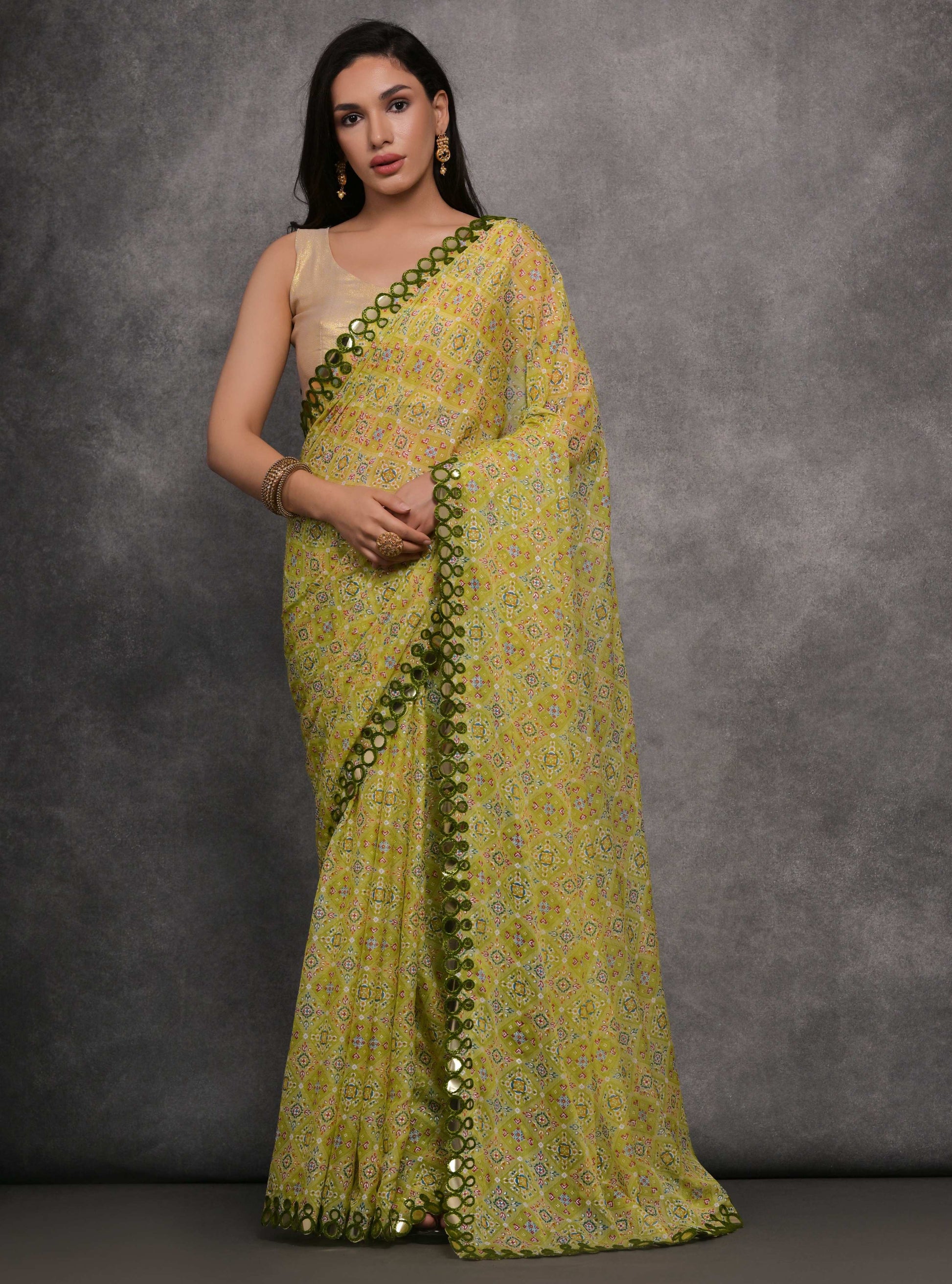 Jyoti Fashion Women's Mehendi Chiffon Mirror Work Designer Saree with Blouse | Swadesiicart