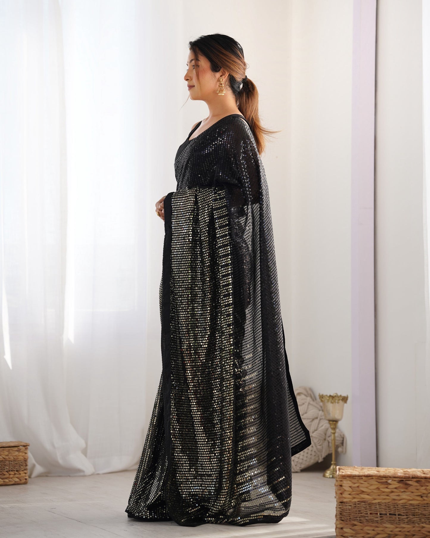 Jyoti Fashion Women's Black Georgette Sequins Designer Saree with Blouse | Swadesiicart