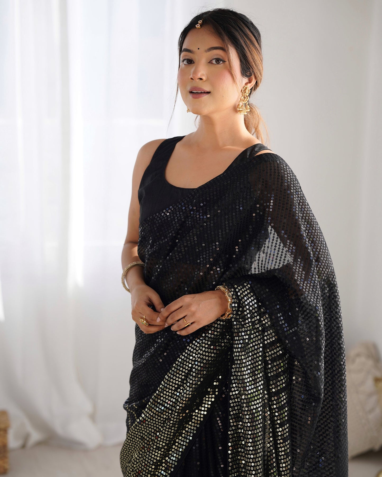 Jyoti Fashion Women's Black Georgette Sequins Designer Saree with Blouse | Swadesiicart