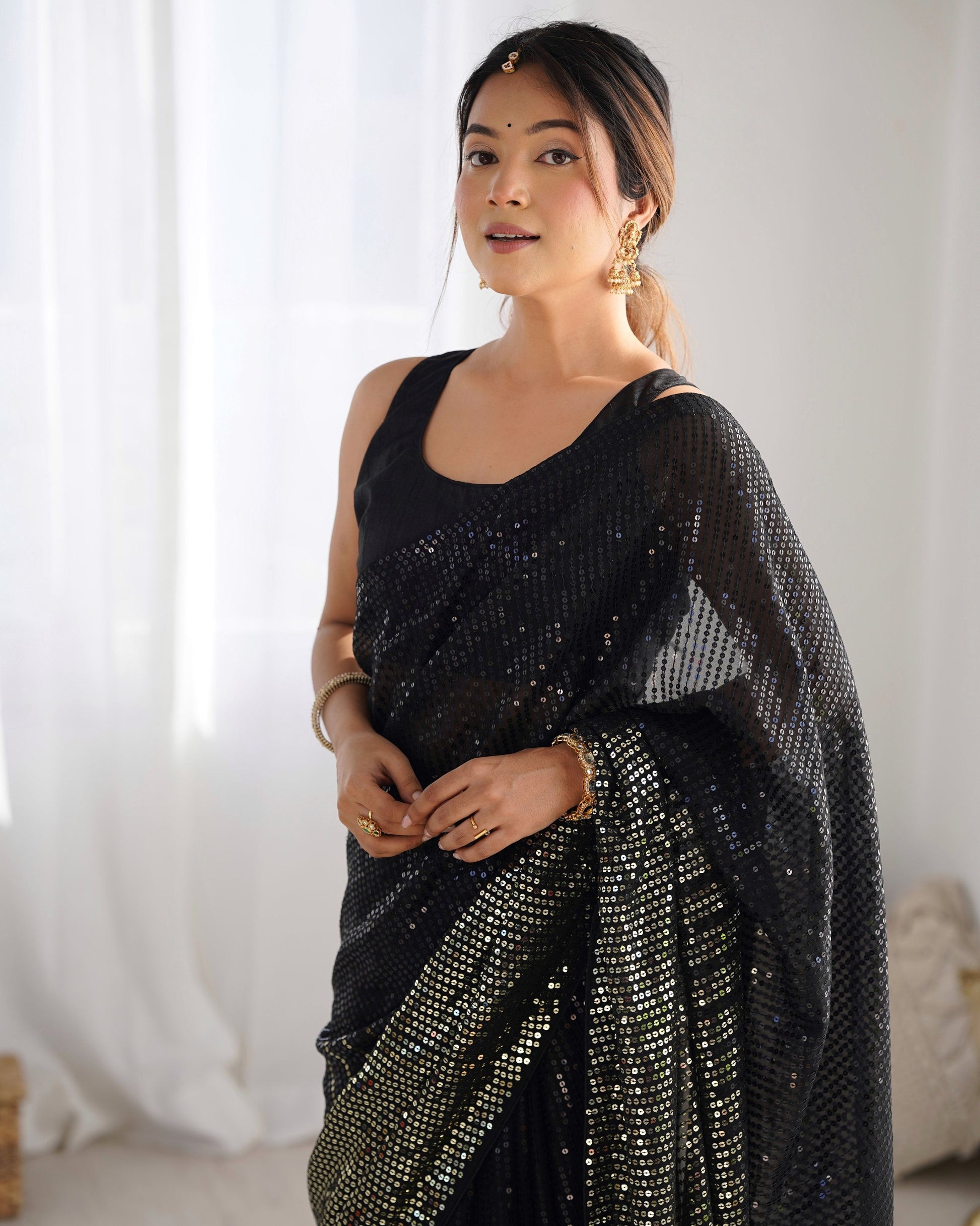 Jyoti Fashion Women's Black Georgette Sequins Designer Saree with Blouse | Swadesiicart