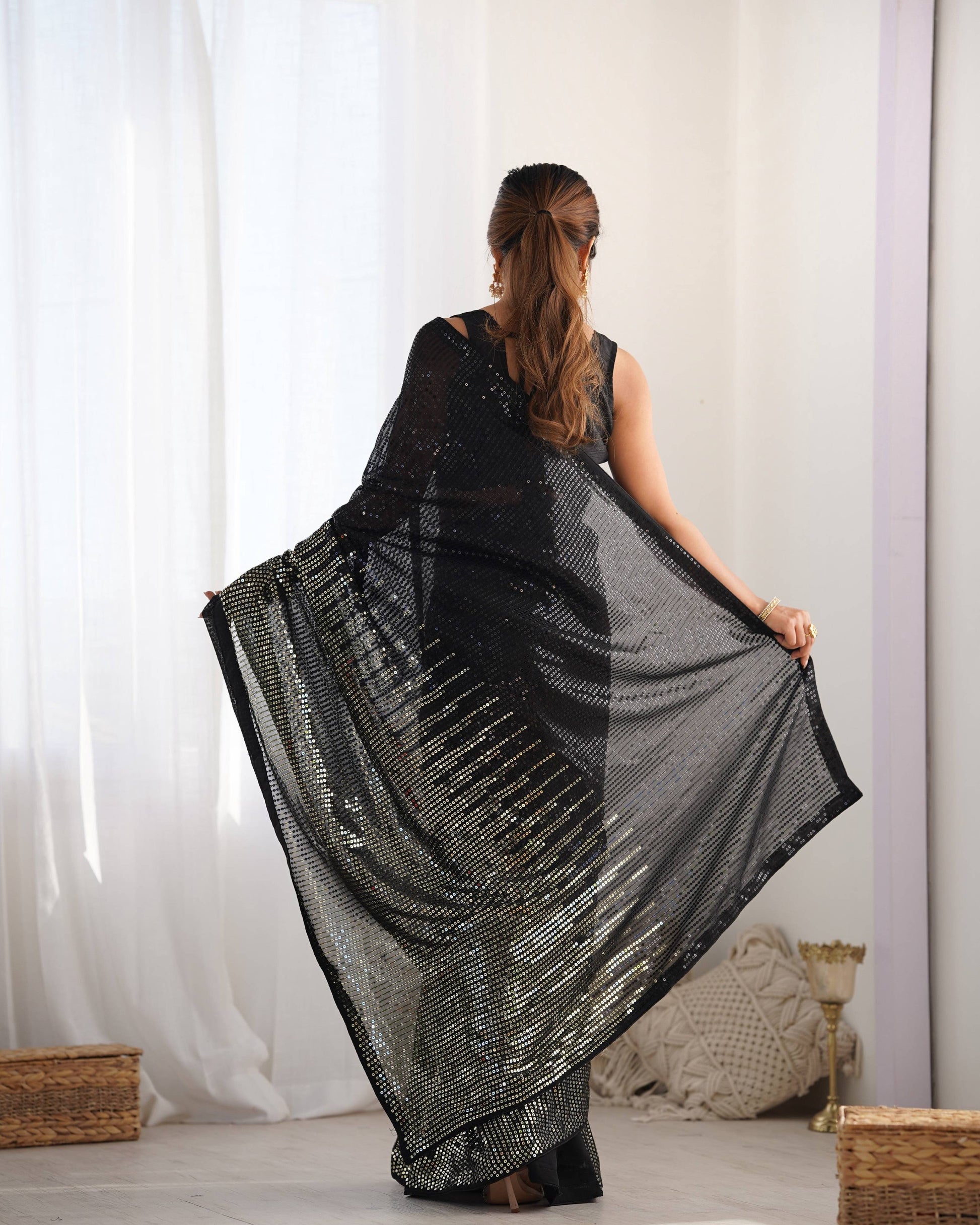 Jyoti Fashion Women's Black Georgette Sequins Designer Saree with Blouse | Swadesiicart