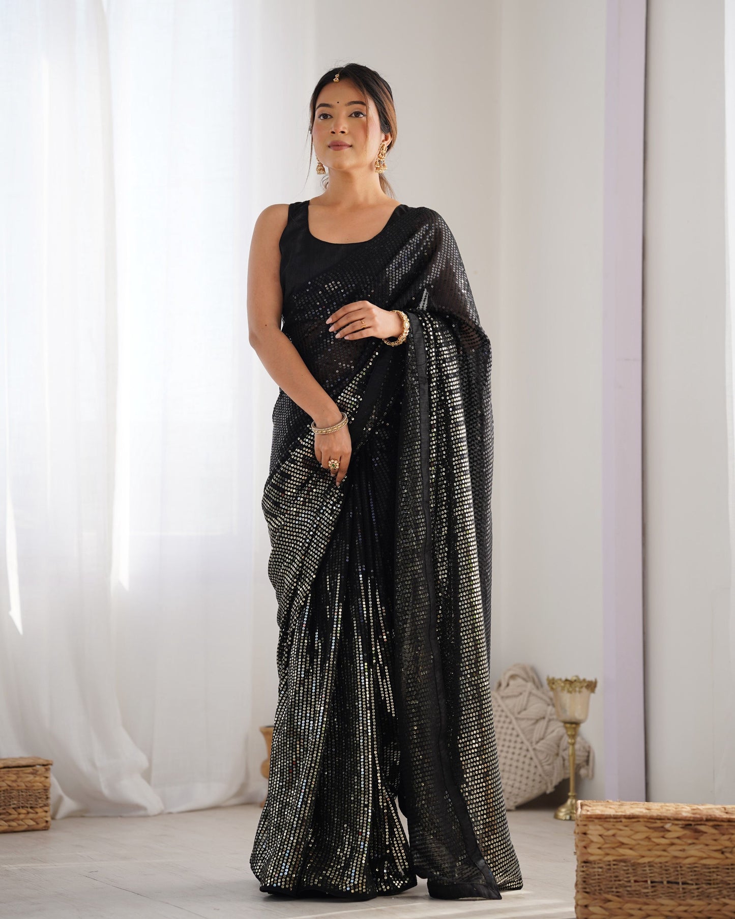 Jyoti Fashion Women's Black Georgette Sequins Designer Saree with Blouse | Swadesiicart