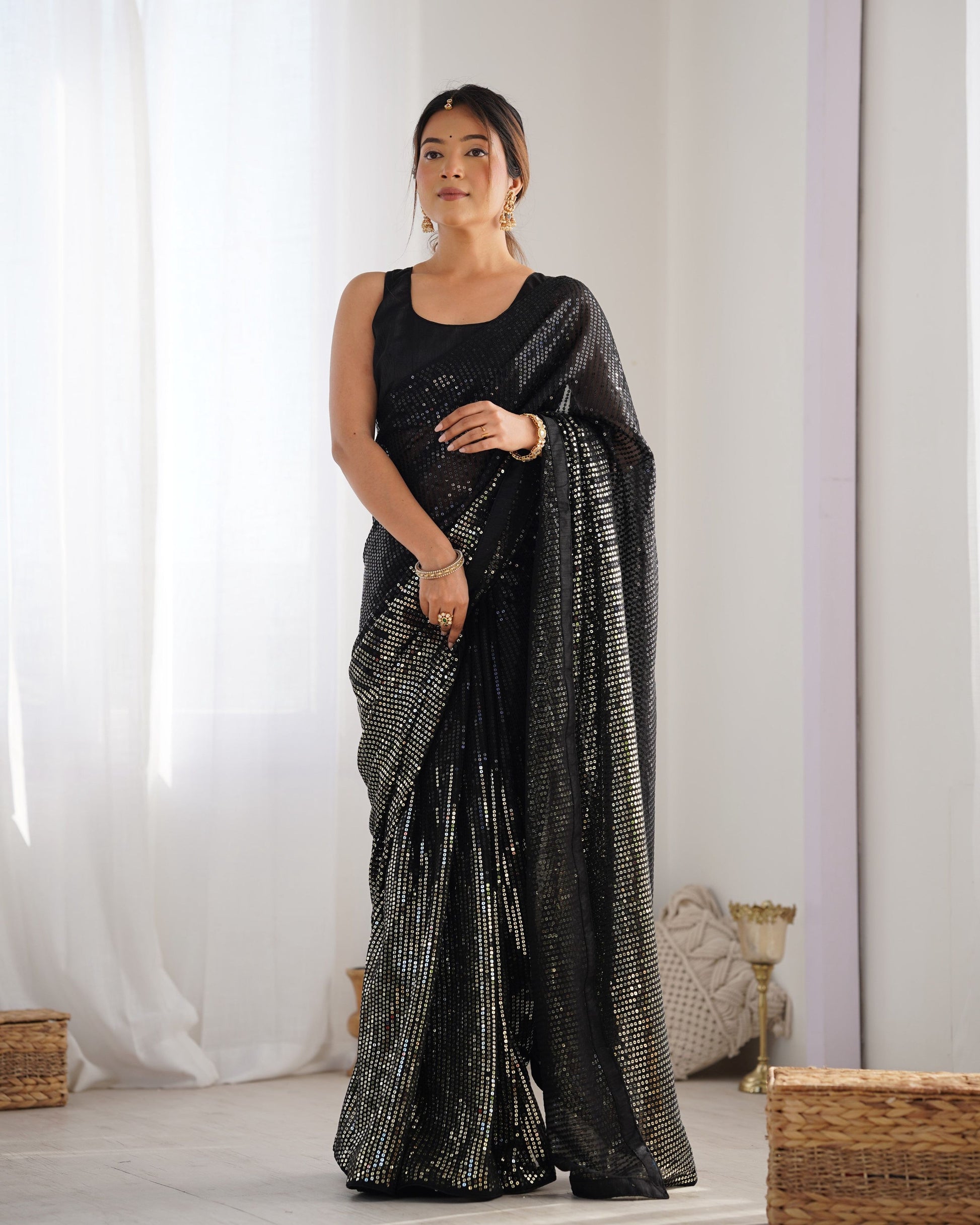 Jyoti Fashion Women's Black Georgette Sequins Designer Saree with Blouse | Swadesiicart
