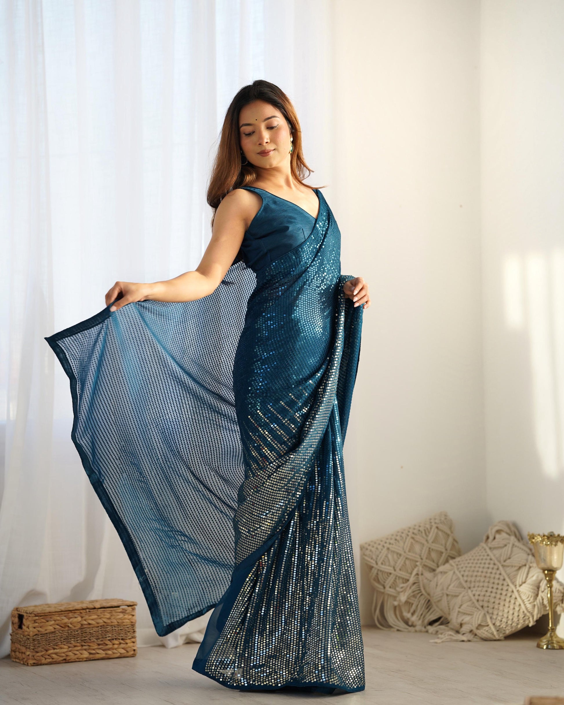 Jyoti Fashion Women's Teal Georgette Sequins Designer Saree with Blouse | Swadesiicart