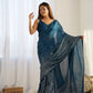 Jyoti Fashion Women's Teal Georgette Sequins Designer Saree with Blouse | Swadesiicart