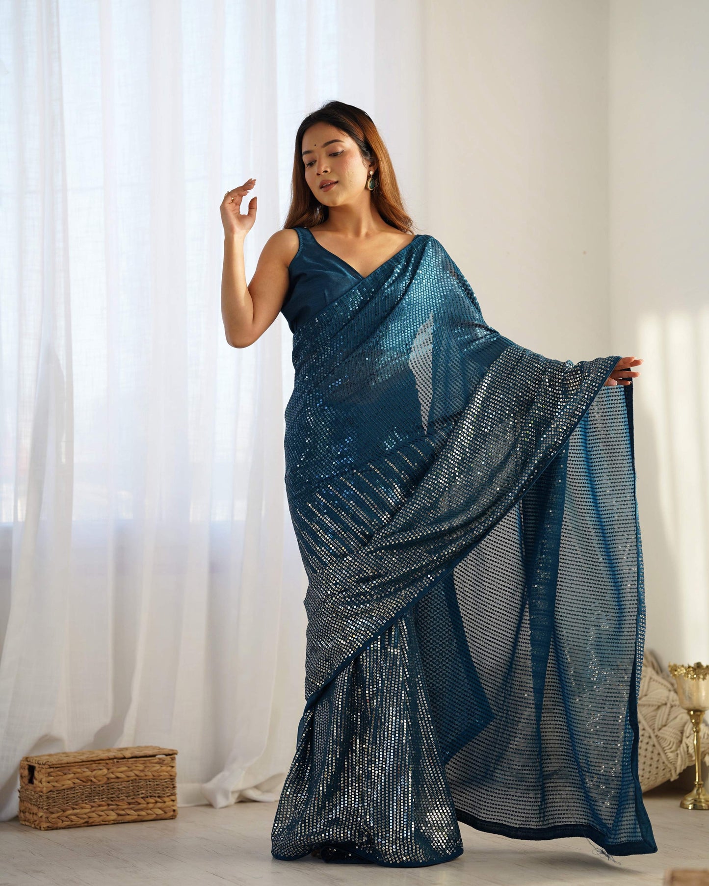 Jyoti Fashion Women's Teal Georgette Sequins Designer Saree with Blouse | Swadesiicart