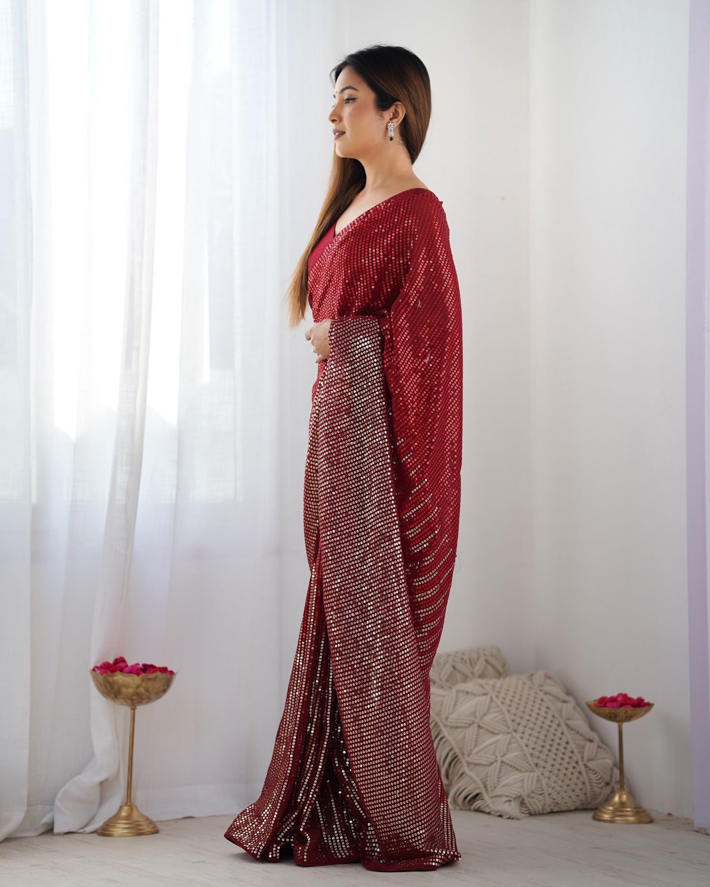 Jyoti Fashion Women's Maroon Georgette Sequins Designer Saree with Blouse | Swadesiicart