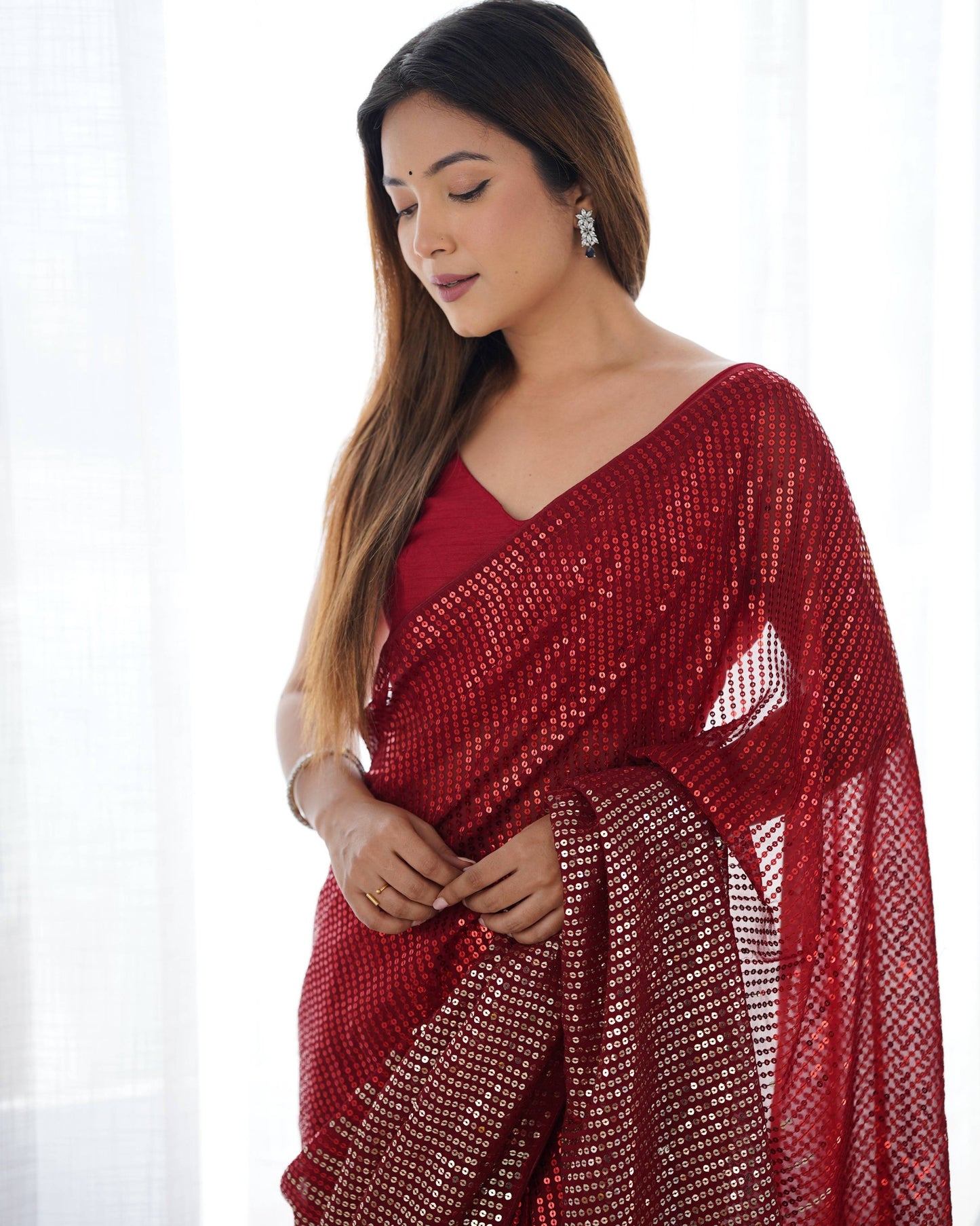 Jyoti Fashion Women's Maroon Georgette Sequins Designer Saree with Blouse | Swadesiicart