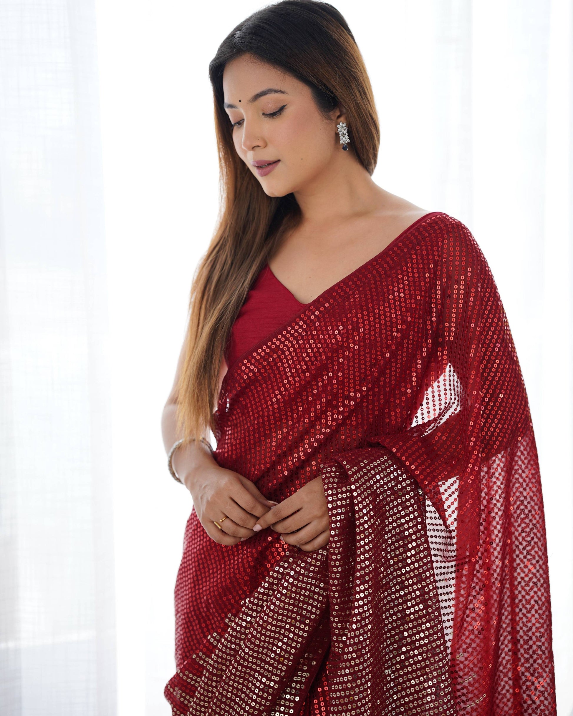 Jyoti Fashion Women's Maroon Georgette Sequins Designer Saree with Blouse | Swadesiicart