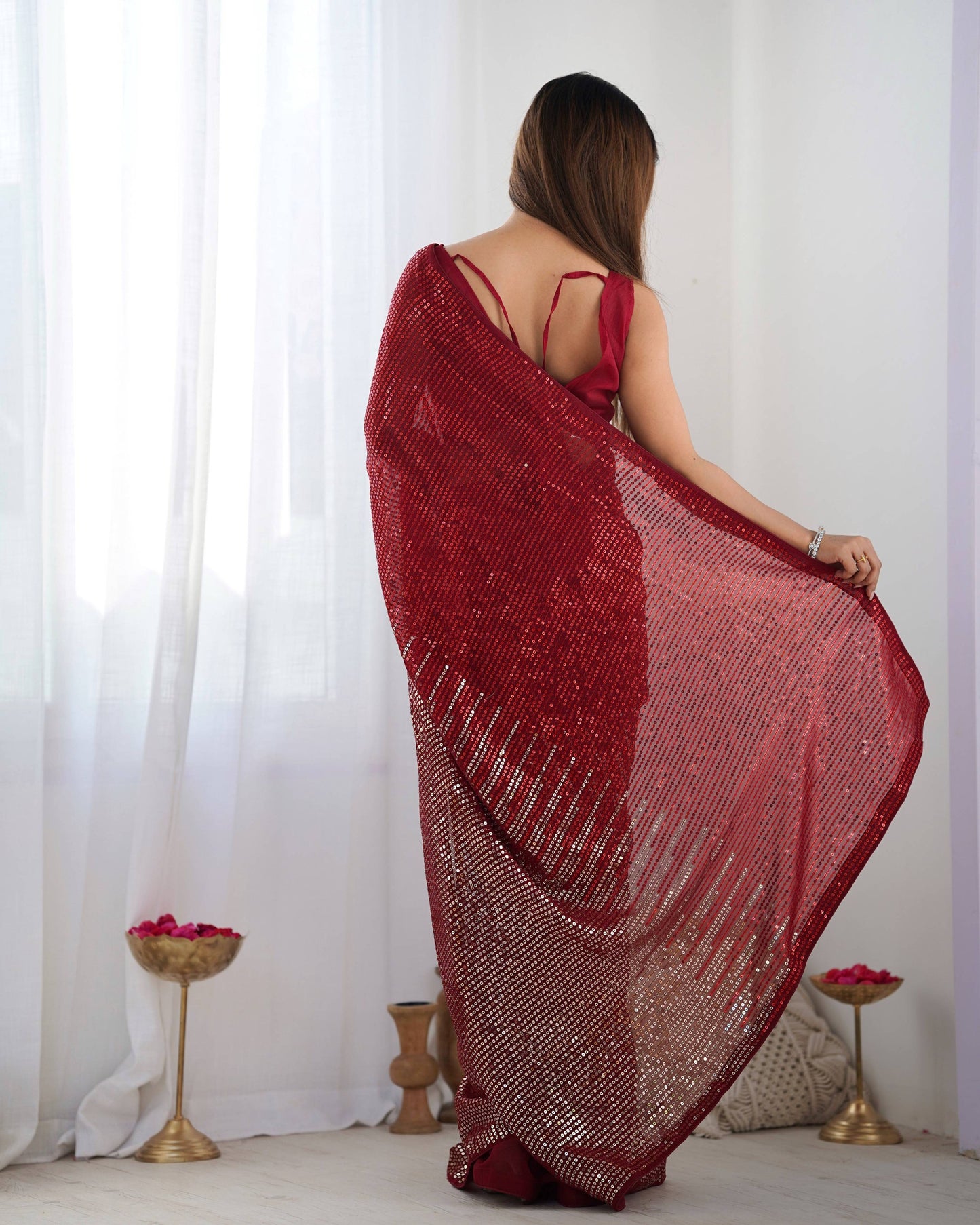 Jyoti Fashion Women's Maroon Georgette Sequins Designer Saree with Blouse | Swadesiicart