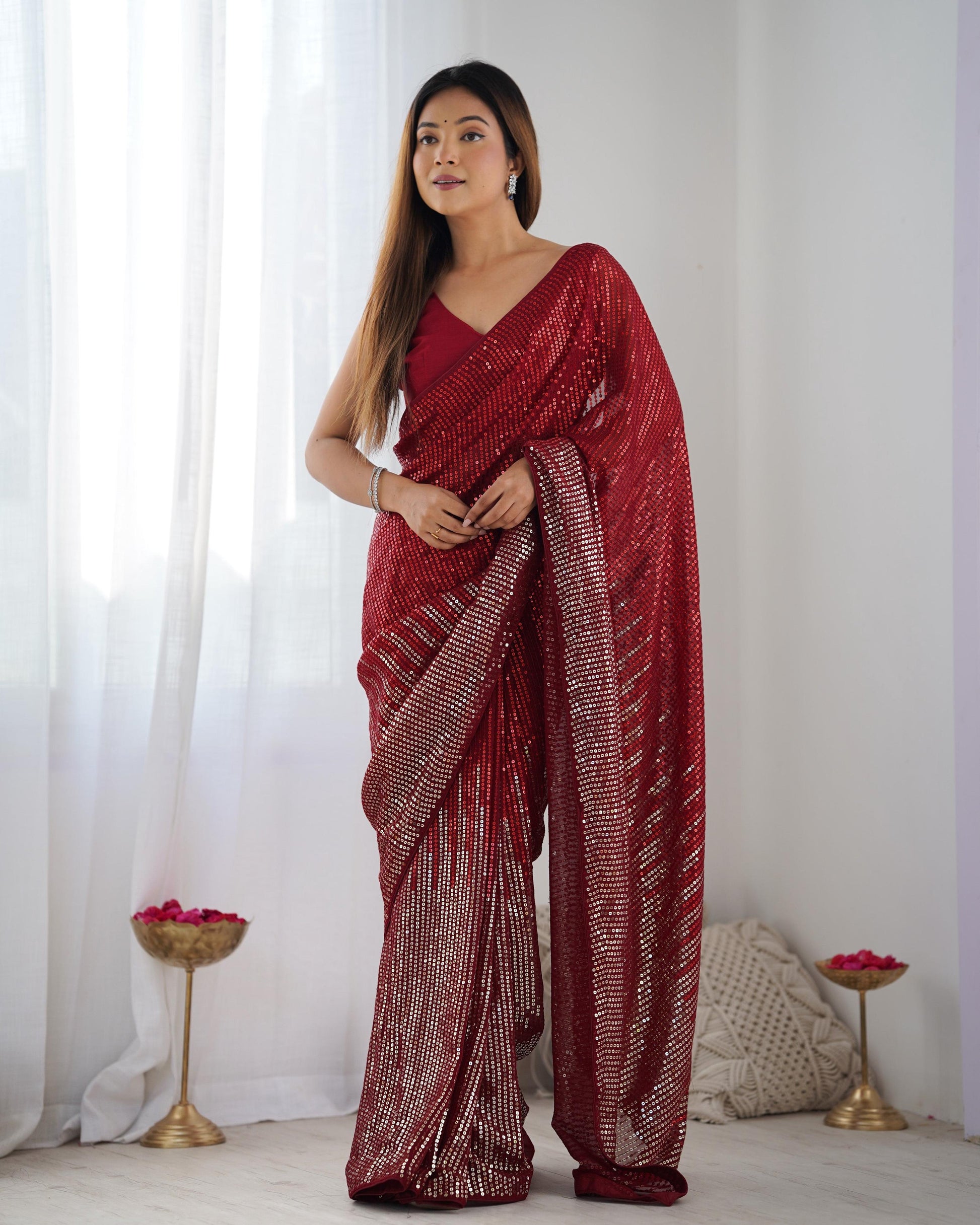Jyoti Fashion Women's Maroon Georgette Sequins Designer Saree with Blouse | Swadesiicart