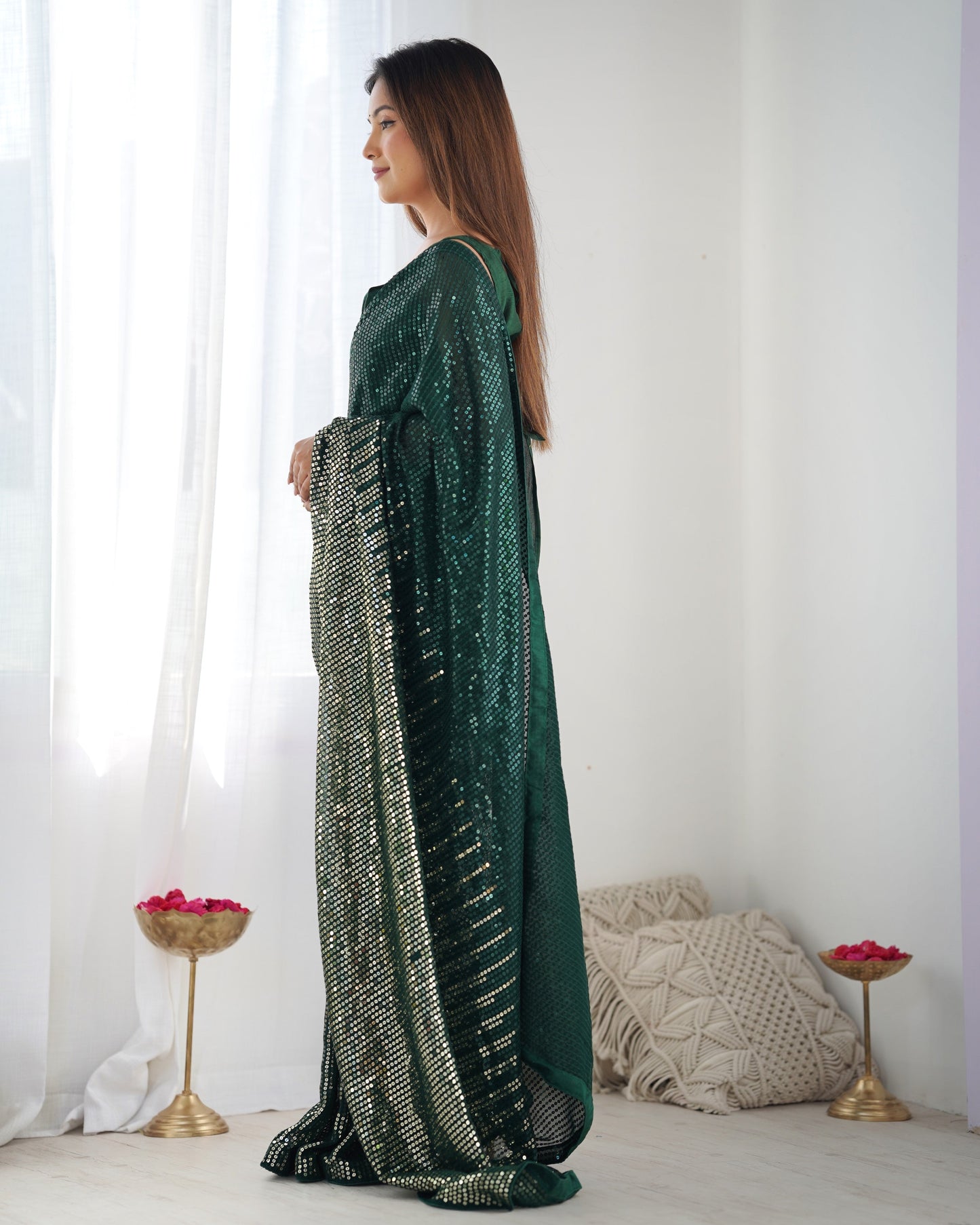 Jyoti Fashion Women's Bottle Green Georgette Sequins Designer Saree with Blouse | Swadesiicart