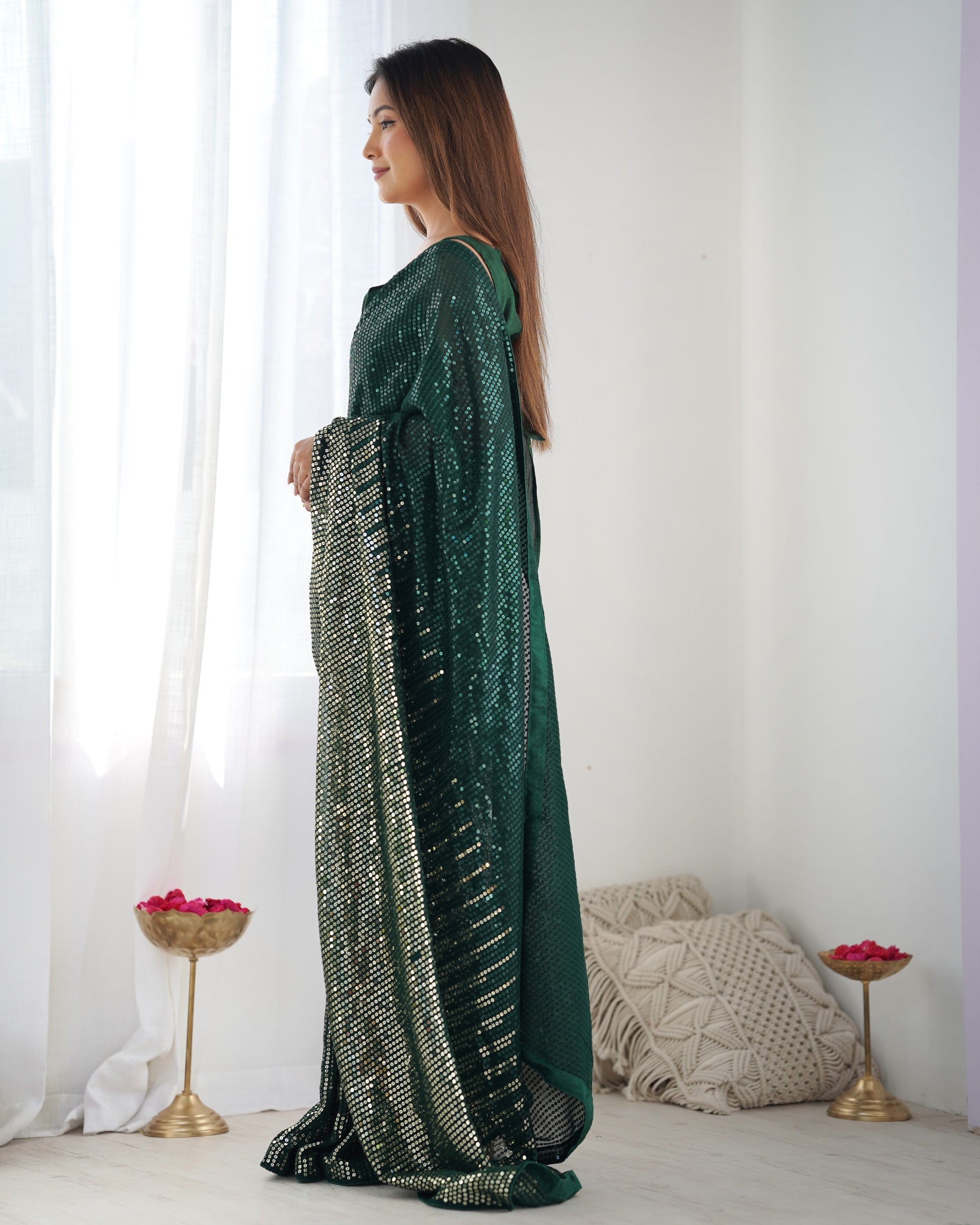 Jyoti Fashion Women's Bottle Green Georgette Sequins Designer Saree with Blouse | Swadesiicart