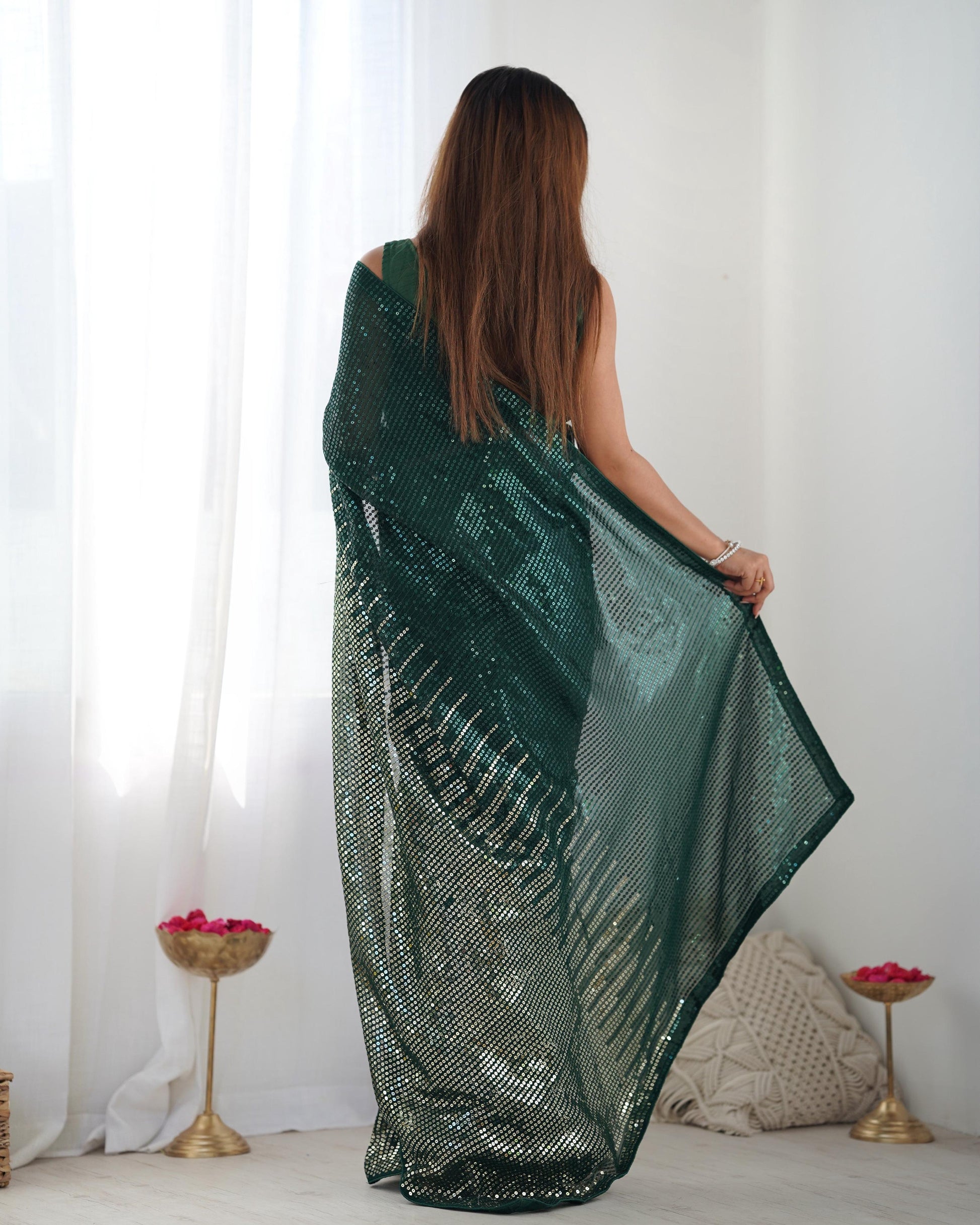 Jyoti Fashion Women's Bottle Green Georgette Sequins Designer Saree with Blouse | Swadesiicart