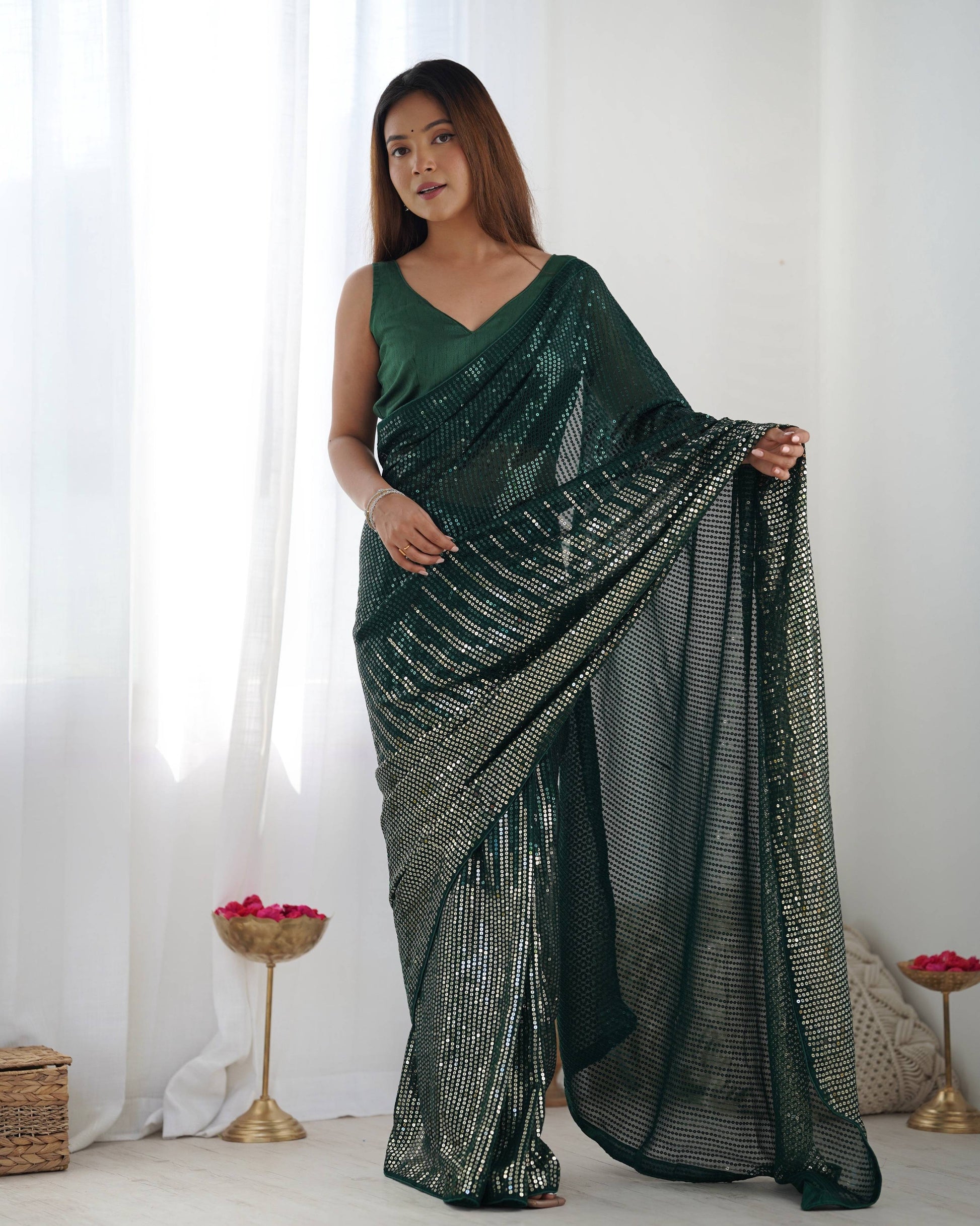 Jyoti Fashion Women's Bottle Green Georgette Sequins Designer Saree with Blouse | Swadesiicart