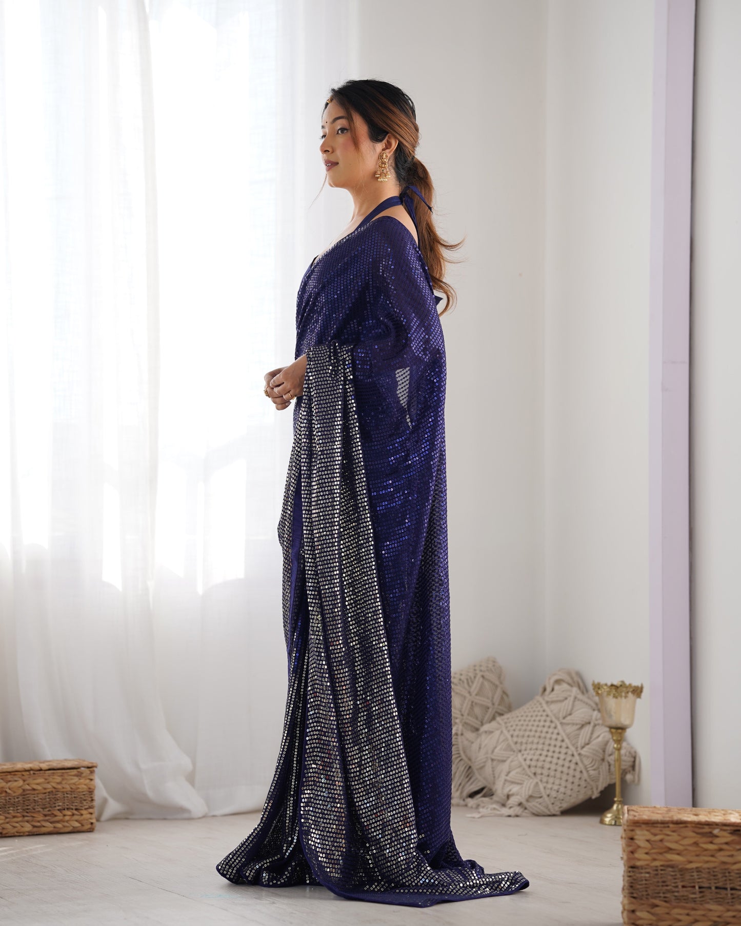 Jyoti Fashion Women's Navy Blue Georgette Sequins Designer Saree with Blouse | Swadesiicart