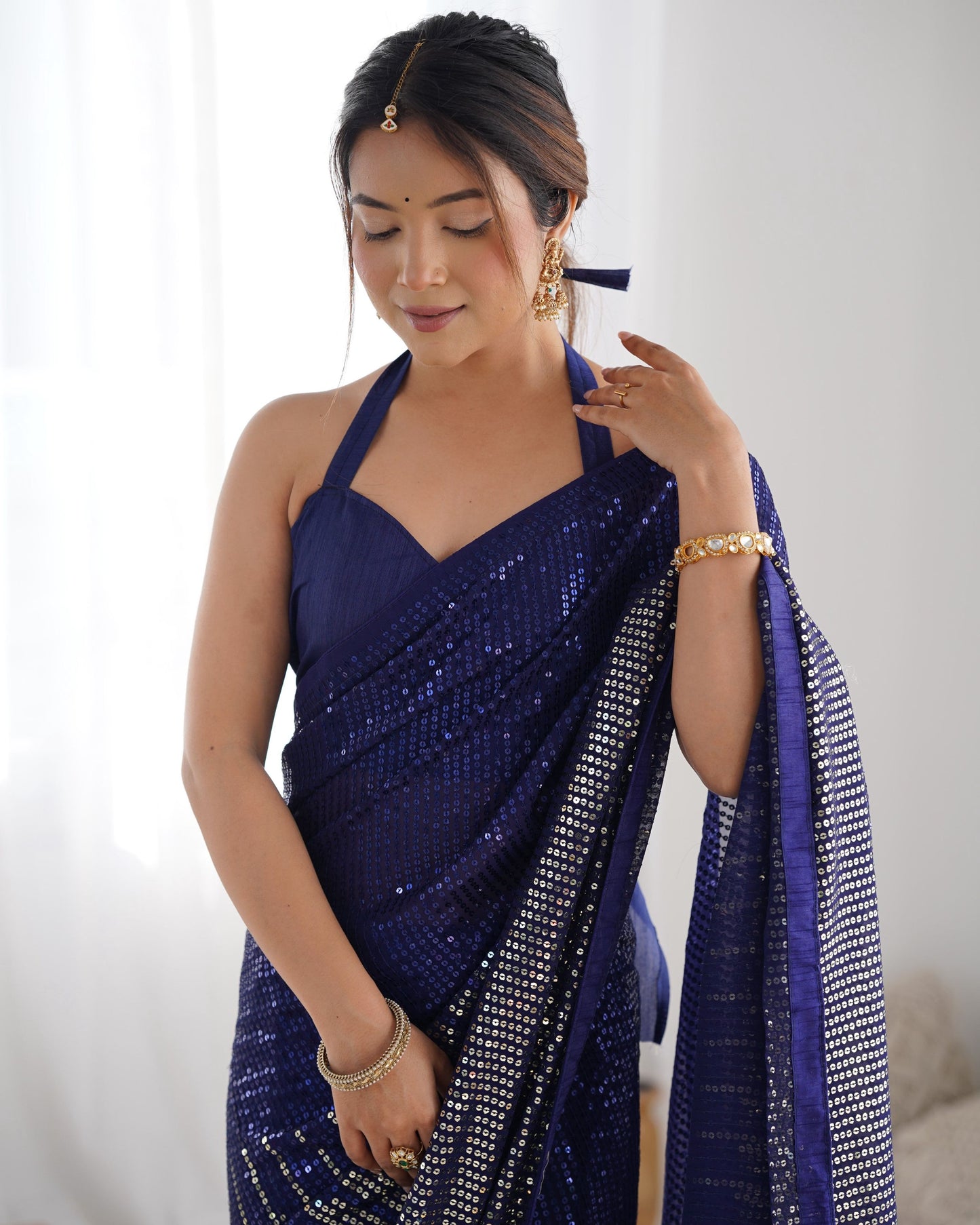 Jyoti Fashion Women's Navy Blue Georgette Sequins Designer Saree with Blouse | Swadesiicart