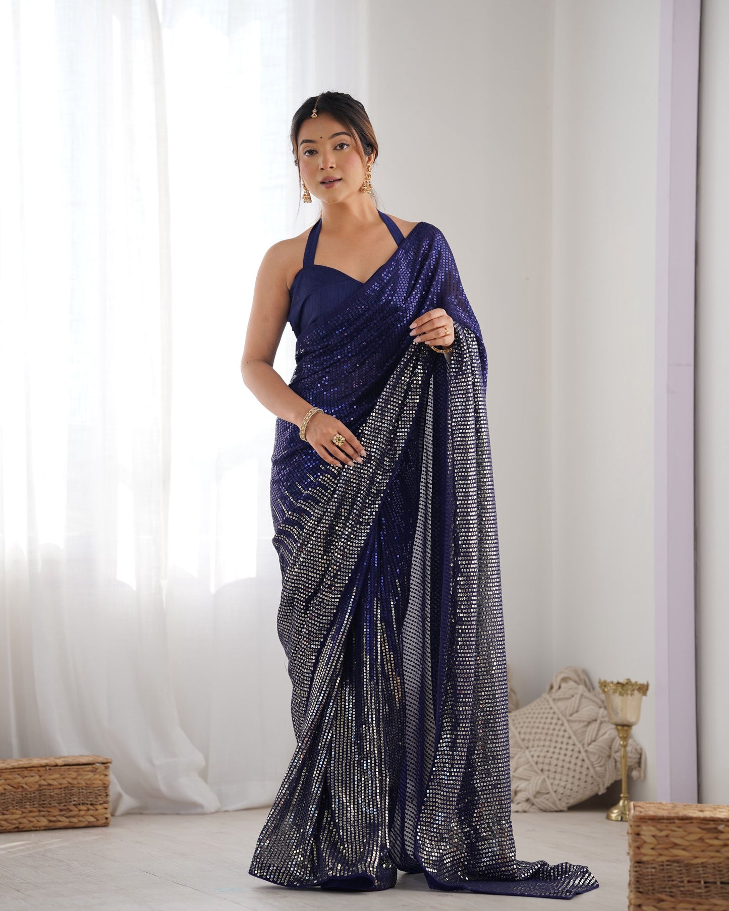Jyoti Fashion Women's Navy Blue Georgette Sequins Designer Saree with Blouse | Swadesiicart
