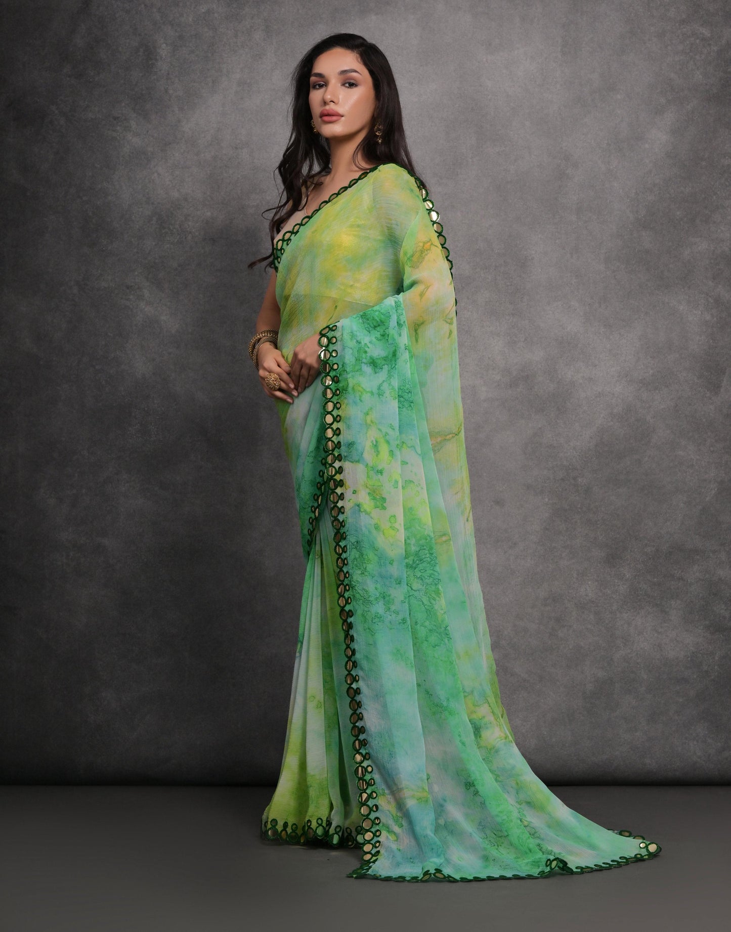 Jyoti Fashion Women's Green Chiffon Print with Mirror Work Designer Saree with Blouse | Swadesiicart