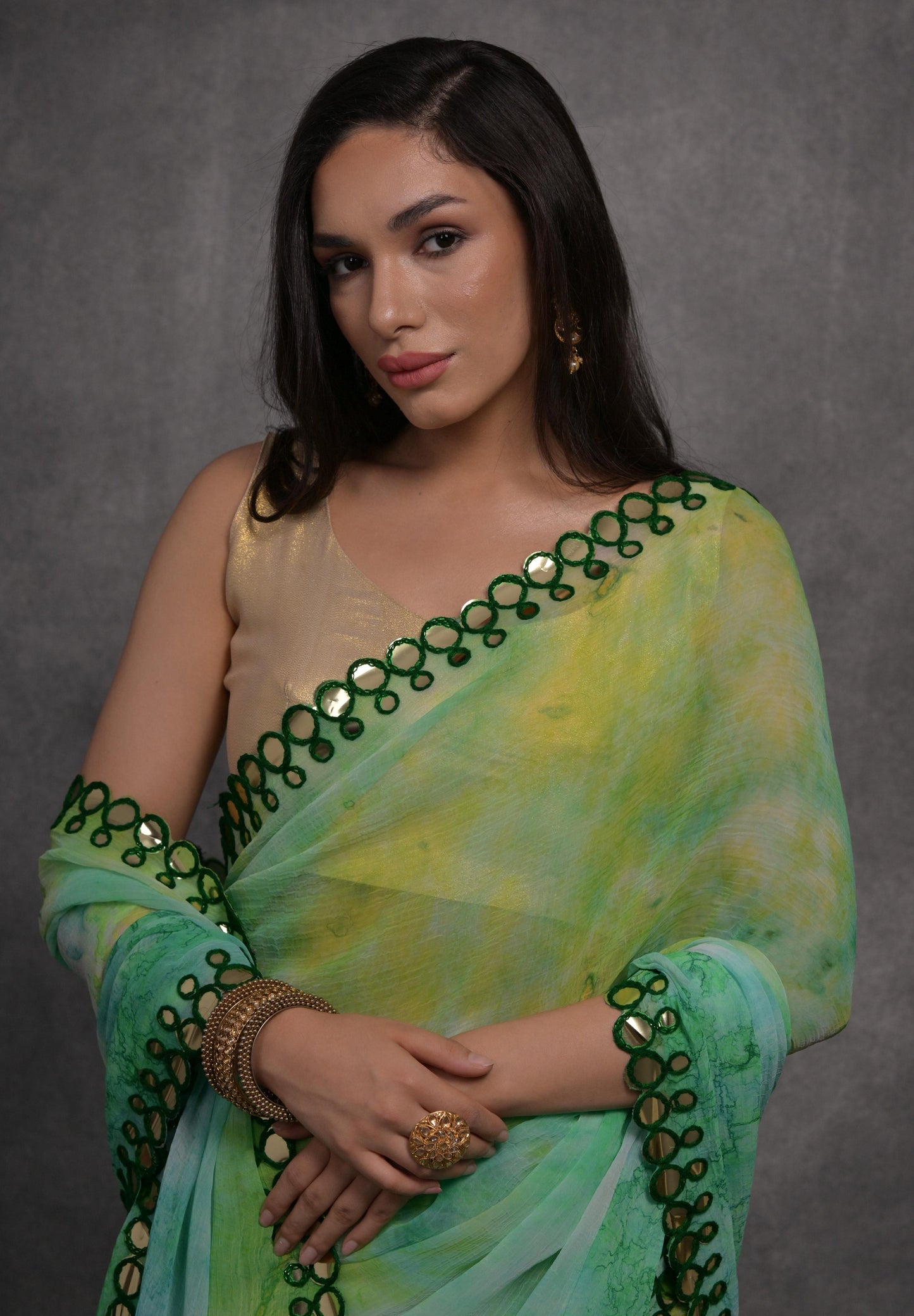 Jyoti Fashion Women's Green Chiffon Print with Mirror Work Designer Saree with Blouse | Swadesiicart