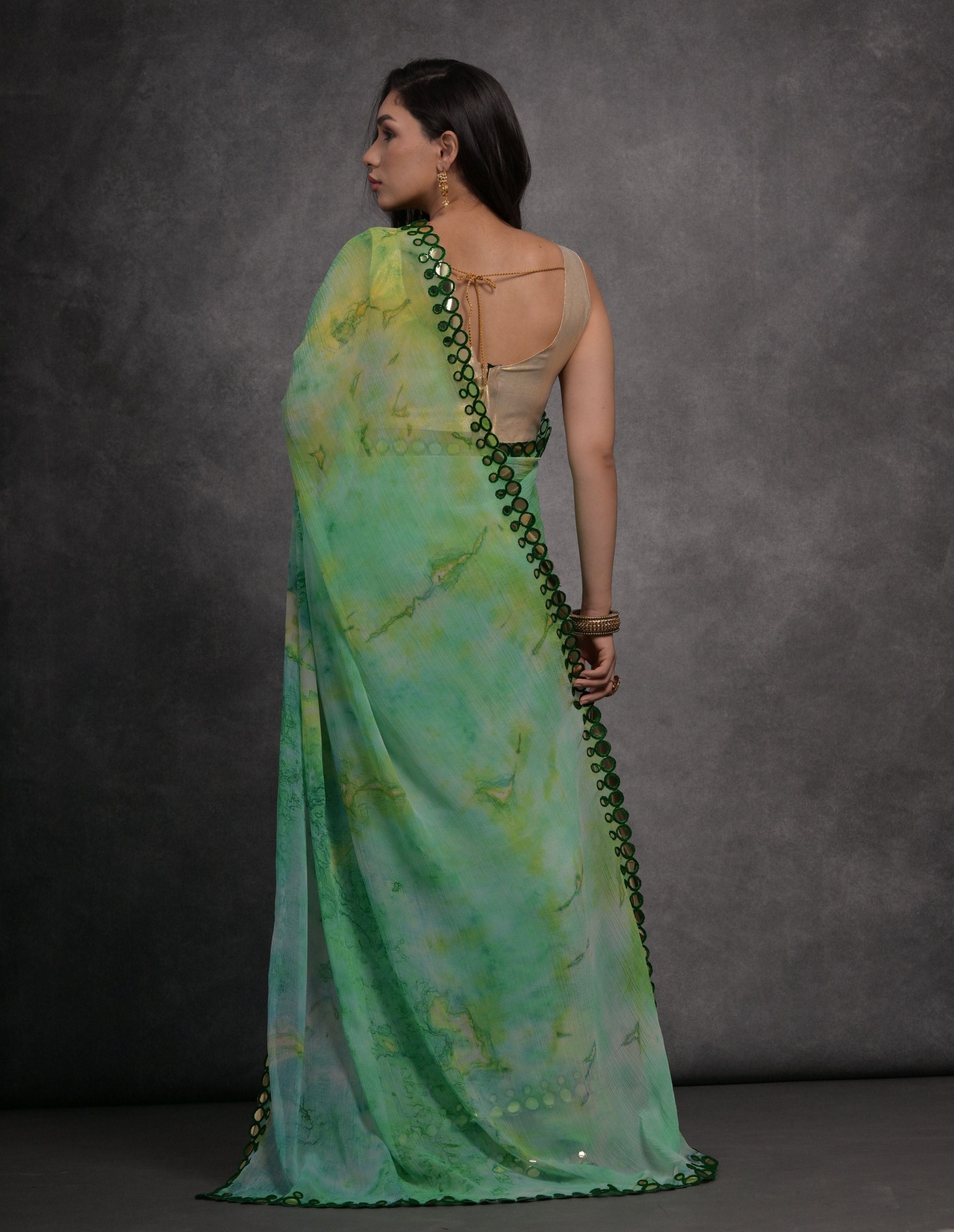 Jyoti Fashion Women's Green Chiffon Print with Mirror Work Designer Saree with Blouse | Swadesiicart