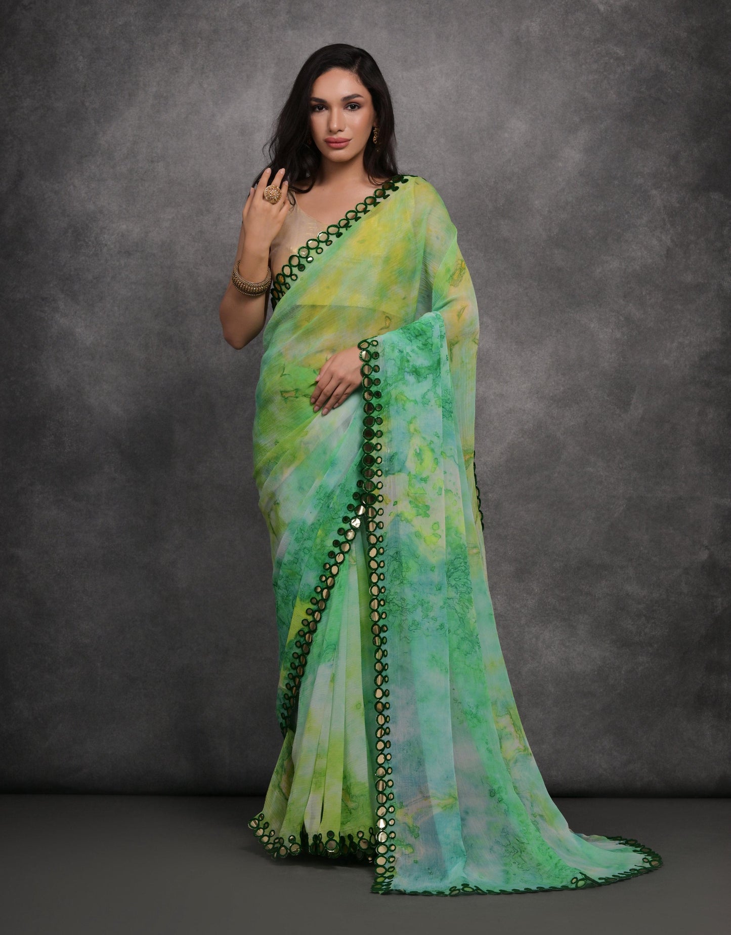 Jyoti Fashion Women's Green Chiffon Print with Mirror Work Designer Saree with Blouse | Swadesiicart