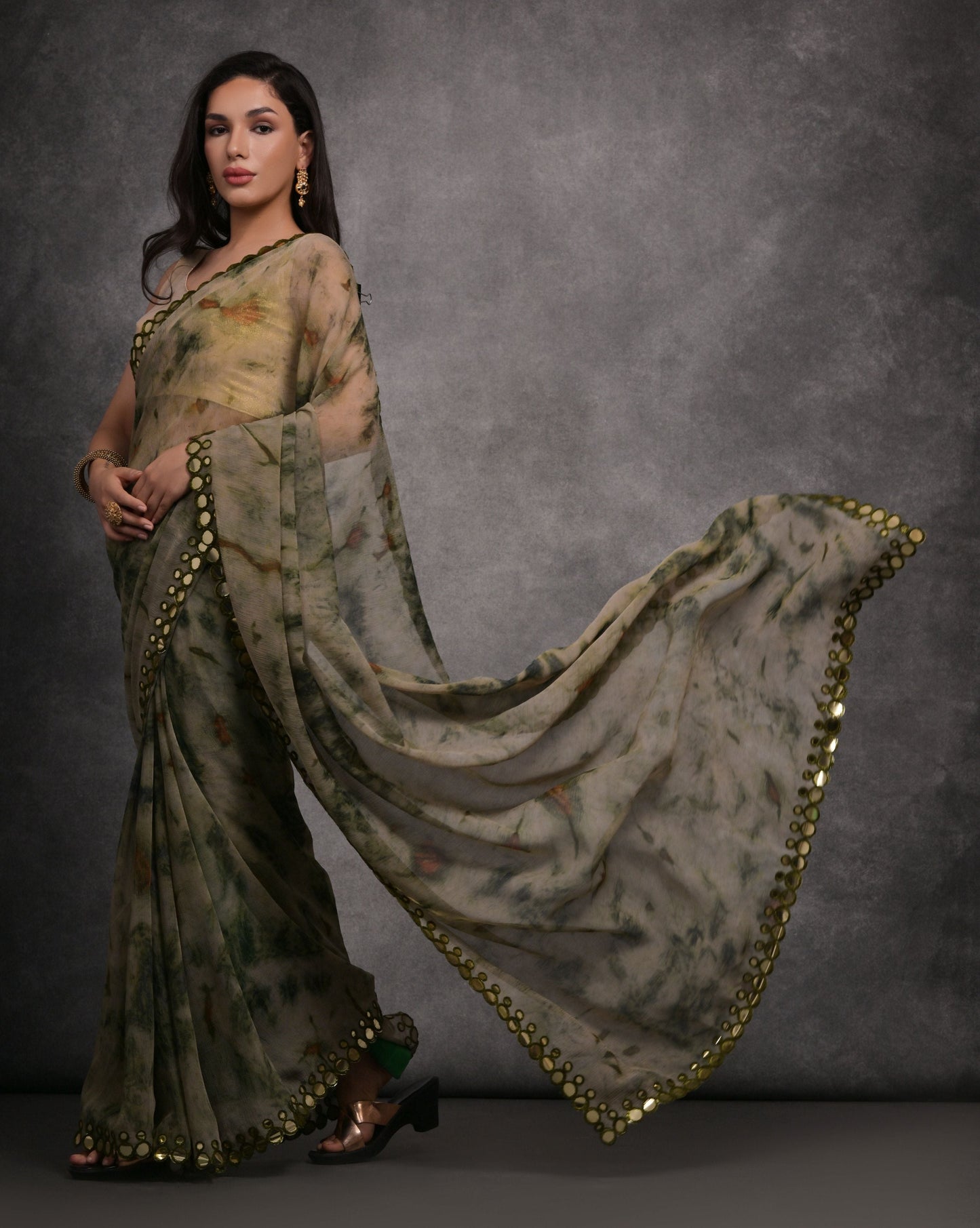 Jyoti Fashion Women's Grey Chiffon Print with Mirror Work Designer Saree with Blouse | Swadesiicart