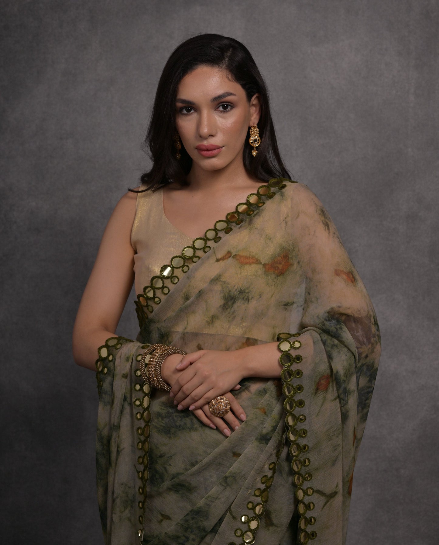Jyoti Fashion Women's Grey Chiffon Print with Mirror Work Designer Saree with Blouse | Swadesiicart