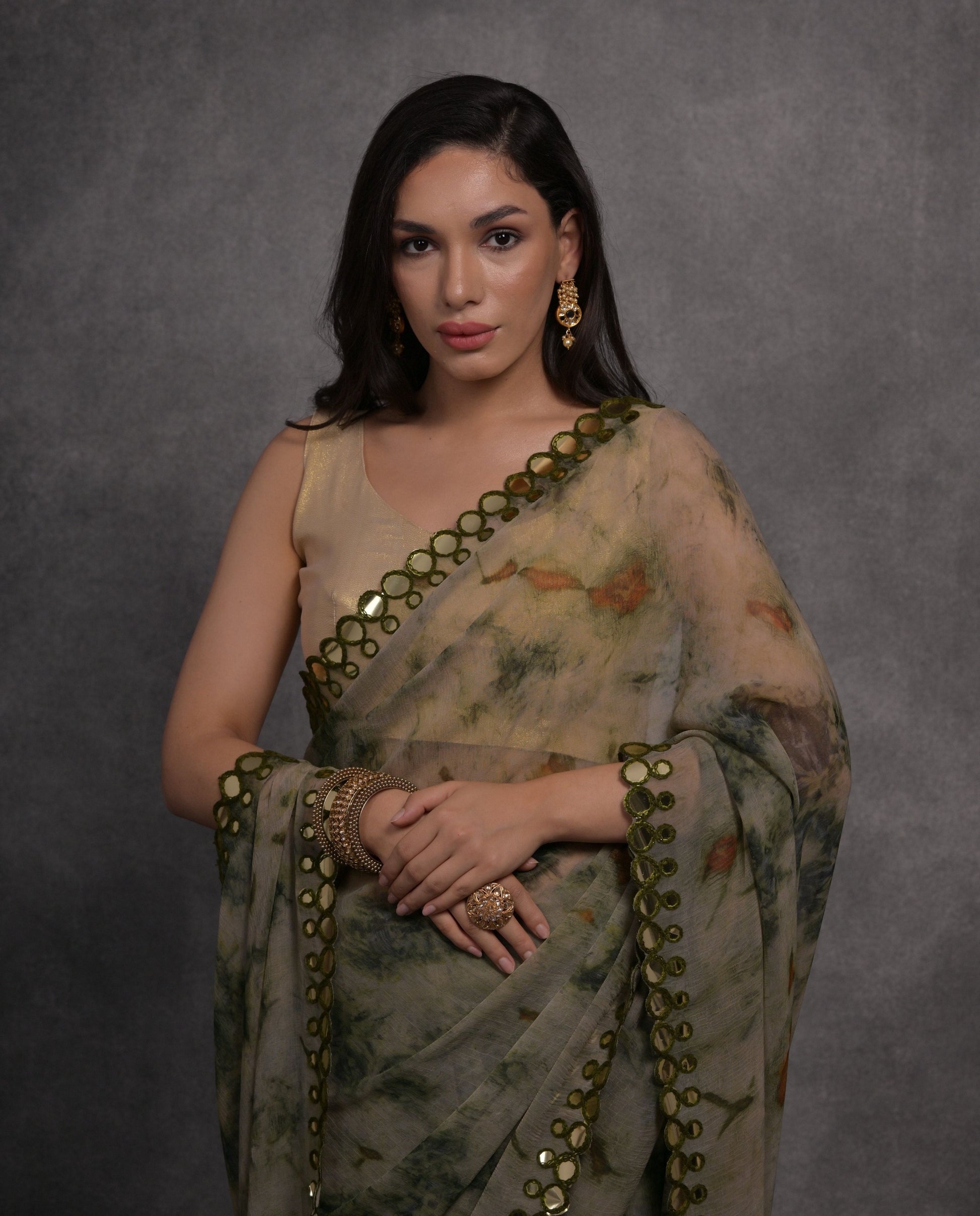 Jyoti Fashion Women's Grey Chiffon Print with Mirror Work Designer Saree with Blouse | Swadesiicart