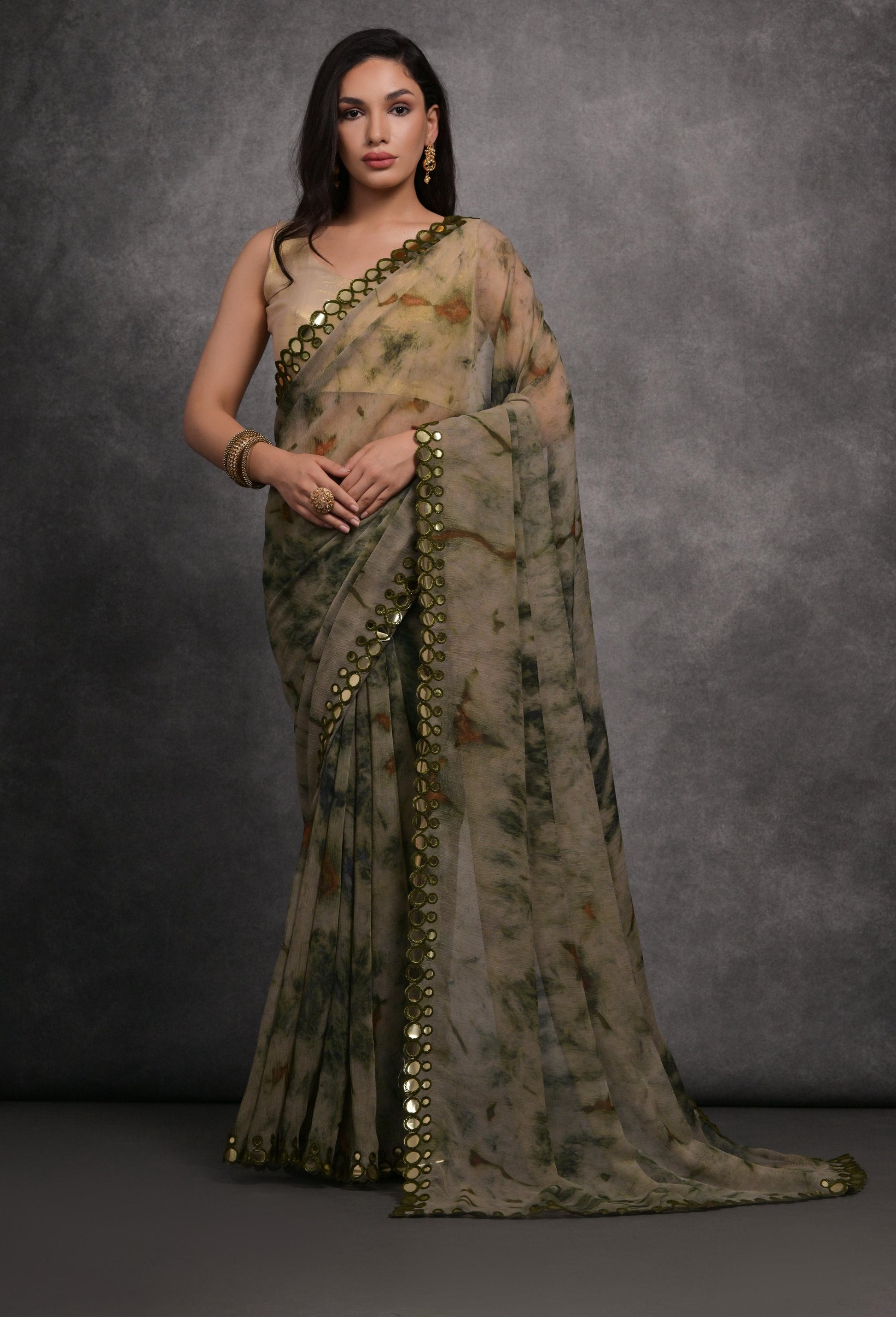 Jyoti Fashion Women's Grey Chiffon Print with Mirror Work Designer Saree with Blouse | Swadesiicart