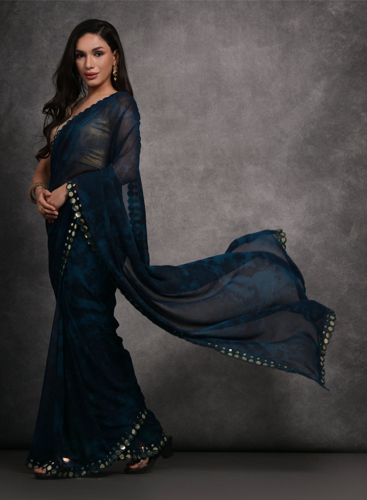Jyoti Fashion Women's Navy Blue Chiffon Print with Mirror Work Designer Saree with Blouse | Swadesiicart