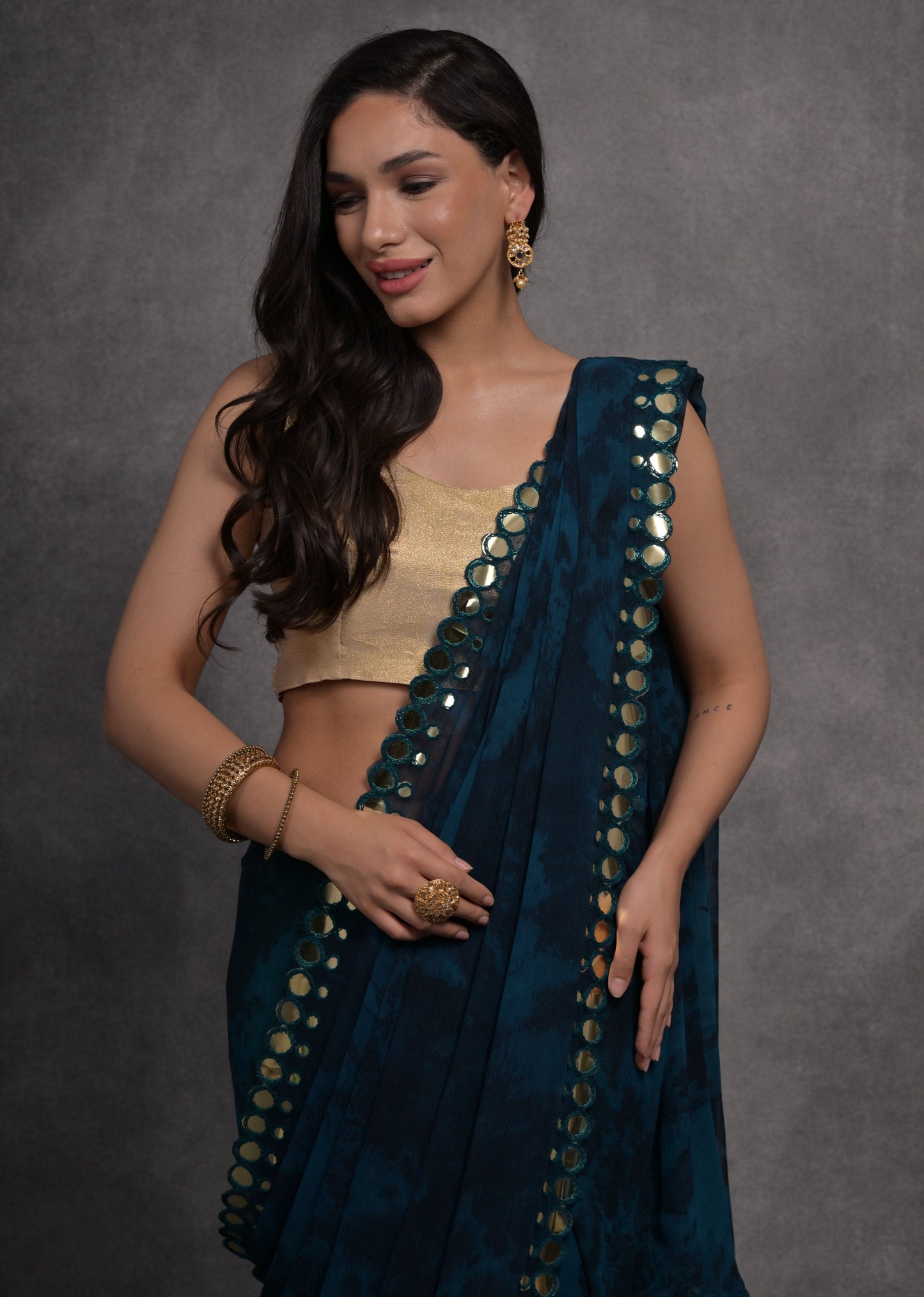 Jyoti Fashion Women's Navy Blue Chiffon Print with Mirror Work Designer Saree with Blouse | Swadesiicart