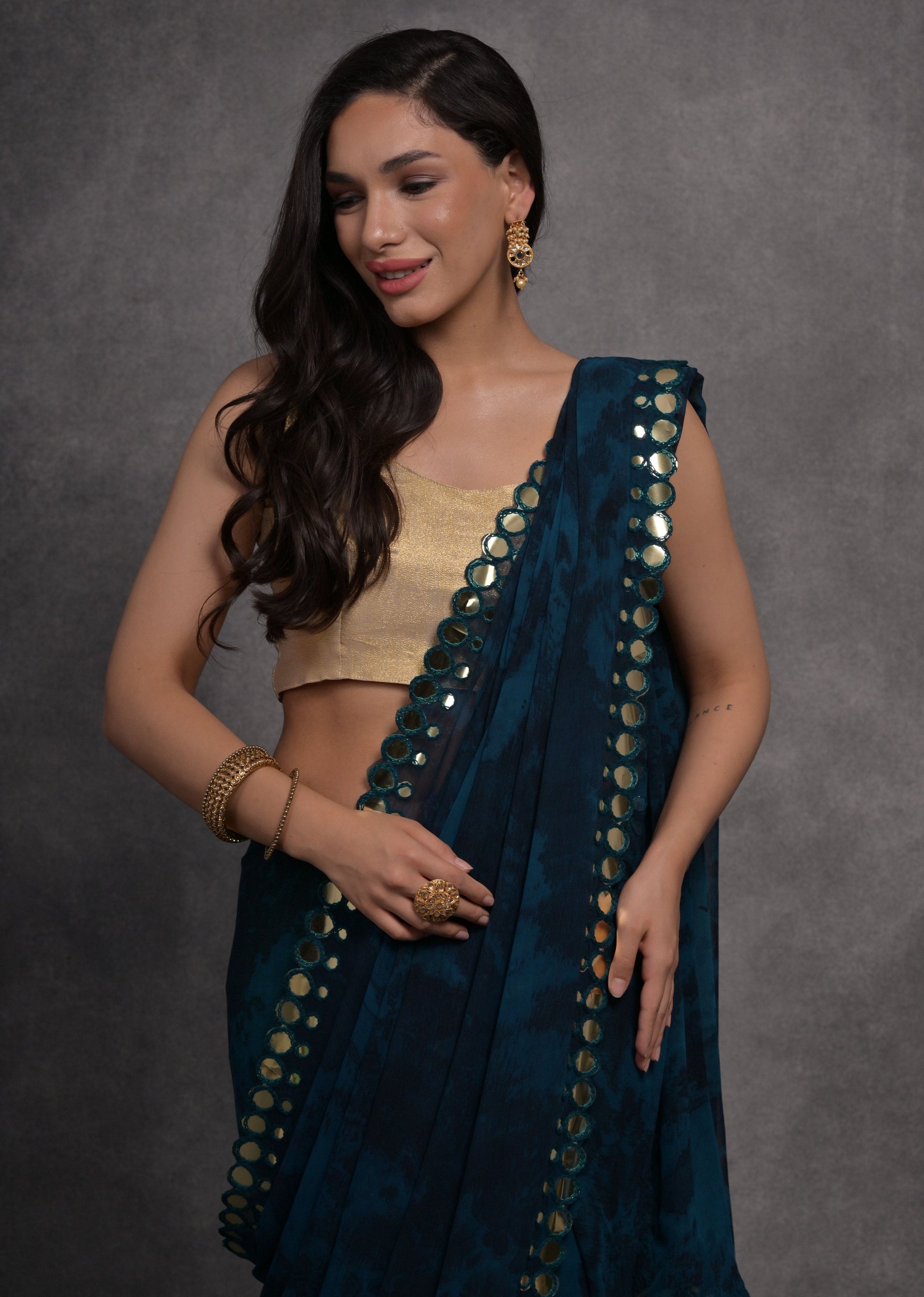 Jyoti Fashion Women's Navy Blue Chiffon Print with Mirror Work Designer Saree with Blouse | Swadesiicart