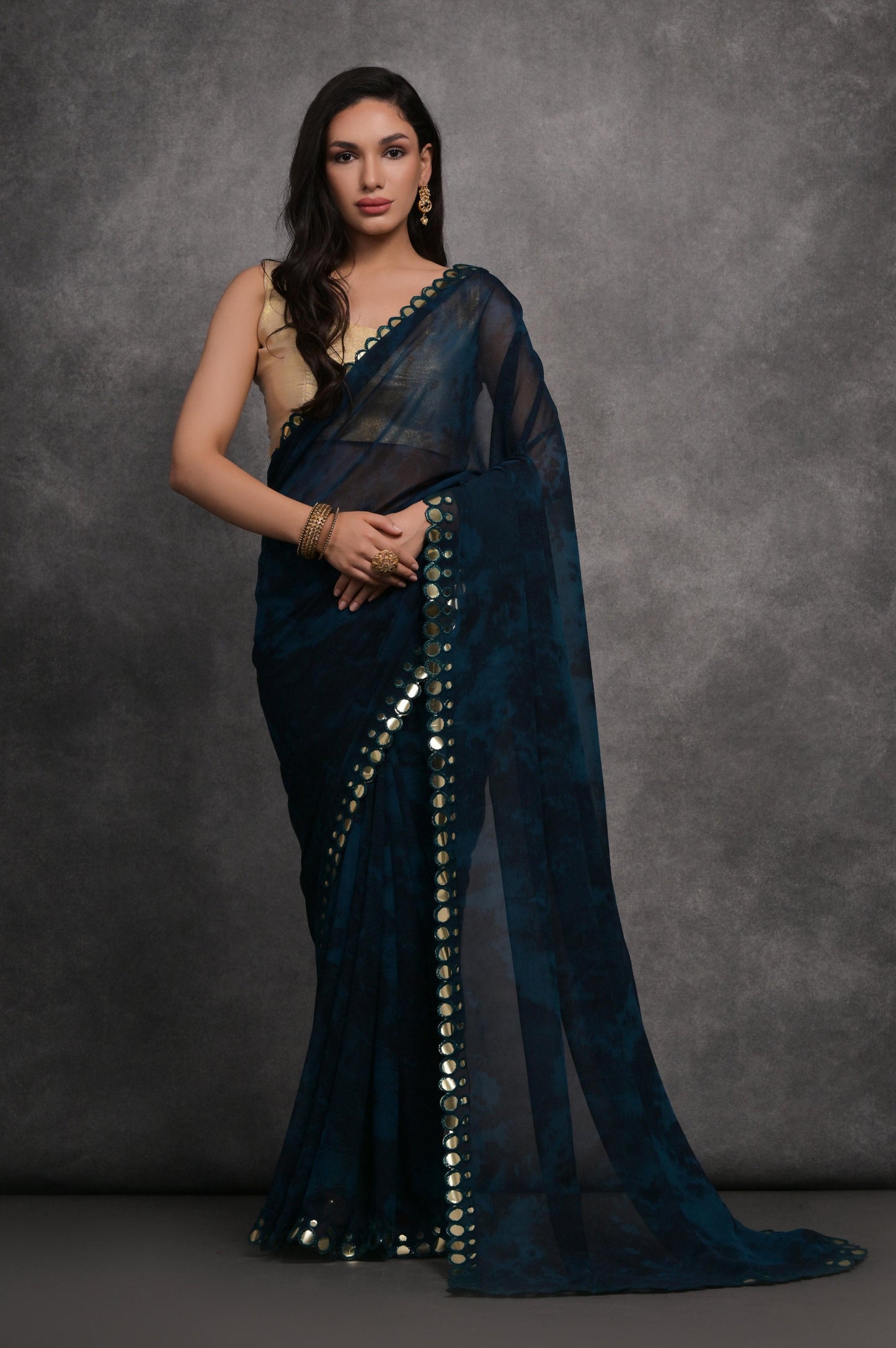 Jyoti Fashion Women's Navy Blue Chiffon Print with Mirror Work Designer Saree with Blouse | Swadesiicart