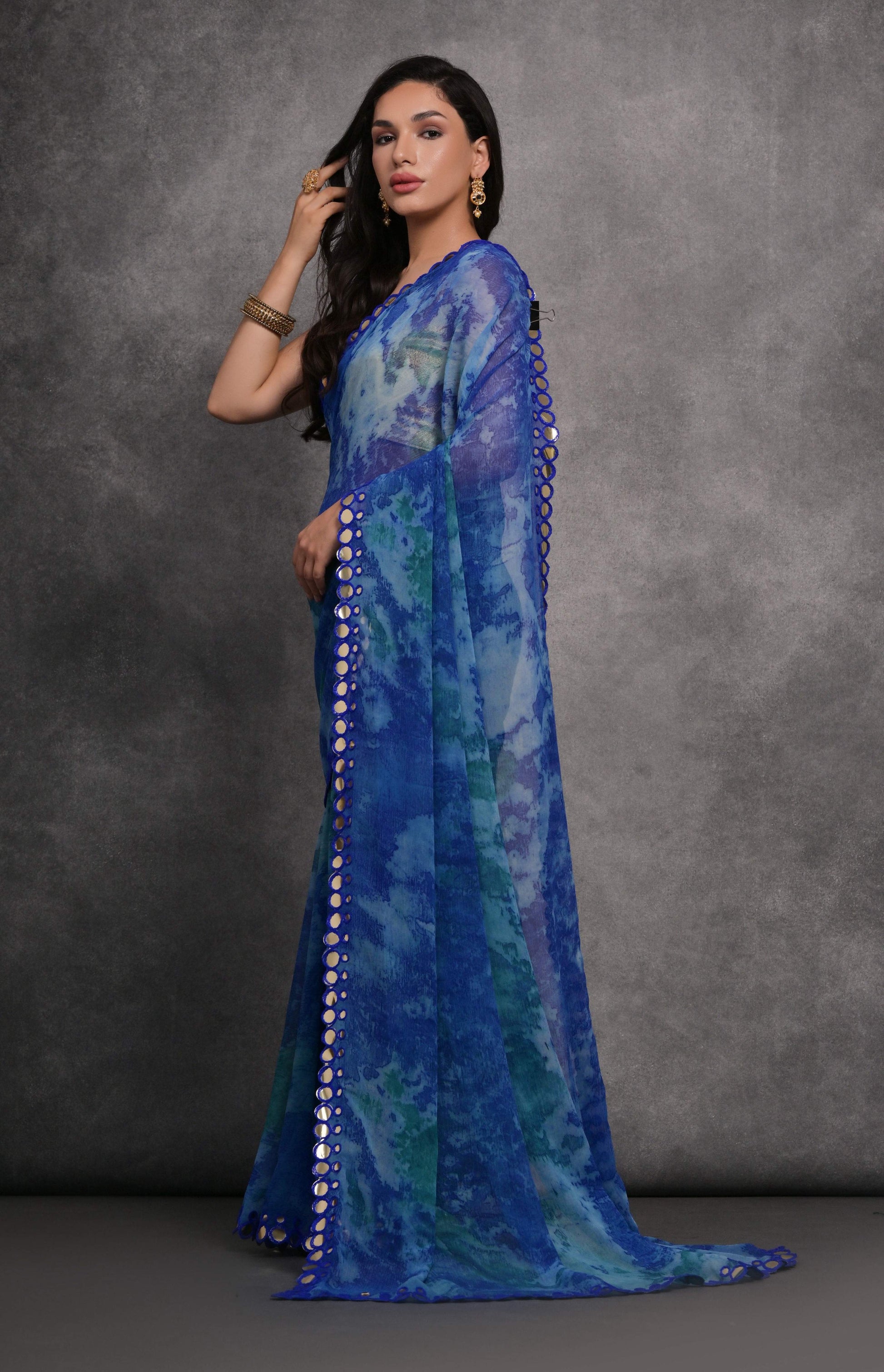 Jyoti Fashion Women's Blue Chiffon Print with Mirror Work Designer Saree with Blouse | Swadesiicart