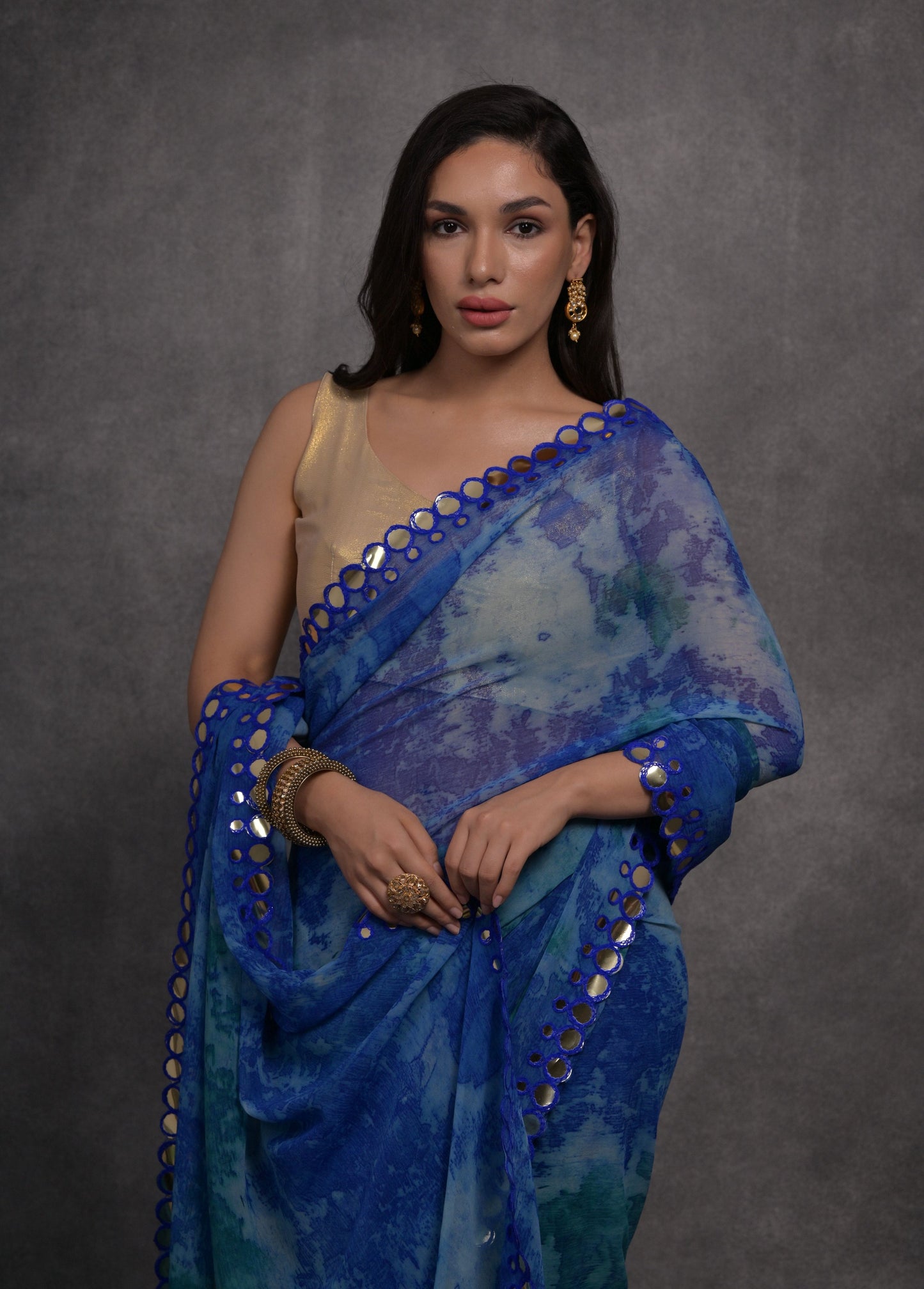 Jyoti Fashion Women's Blue Chiffon Print with Mirror Work Designer Saree with Blouse | Swadesiicart
