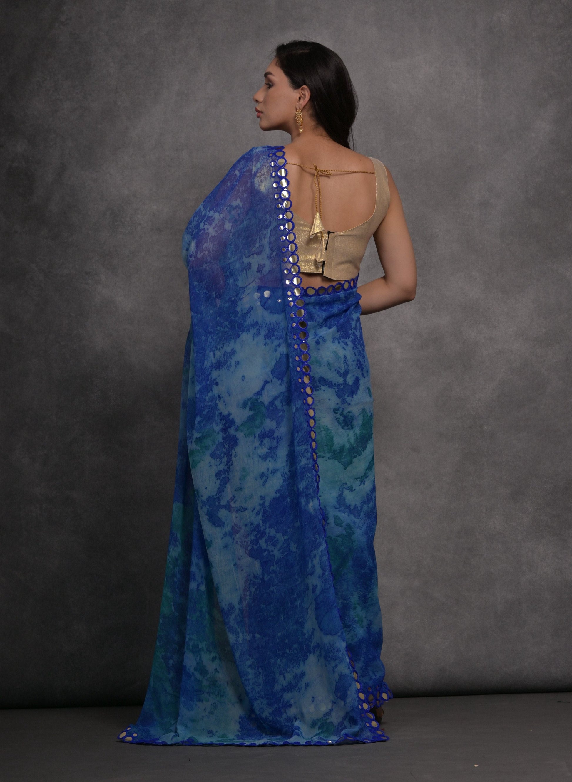 Jyoti Fashion Women's Blue Chiffon Print with Mirror Work Designer Saree with Blouse | Swadesiicart