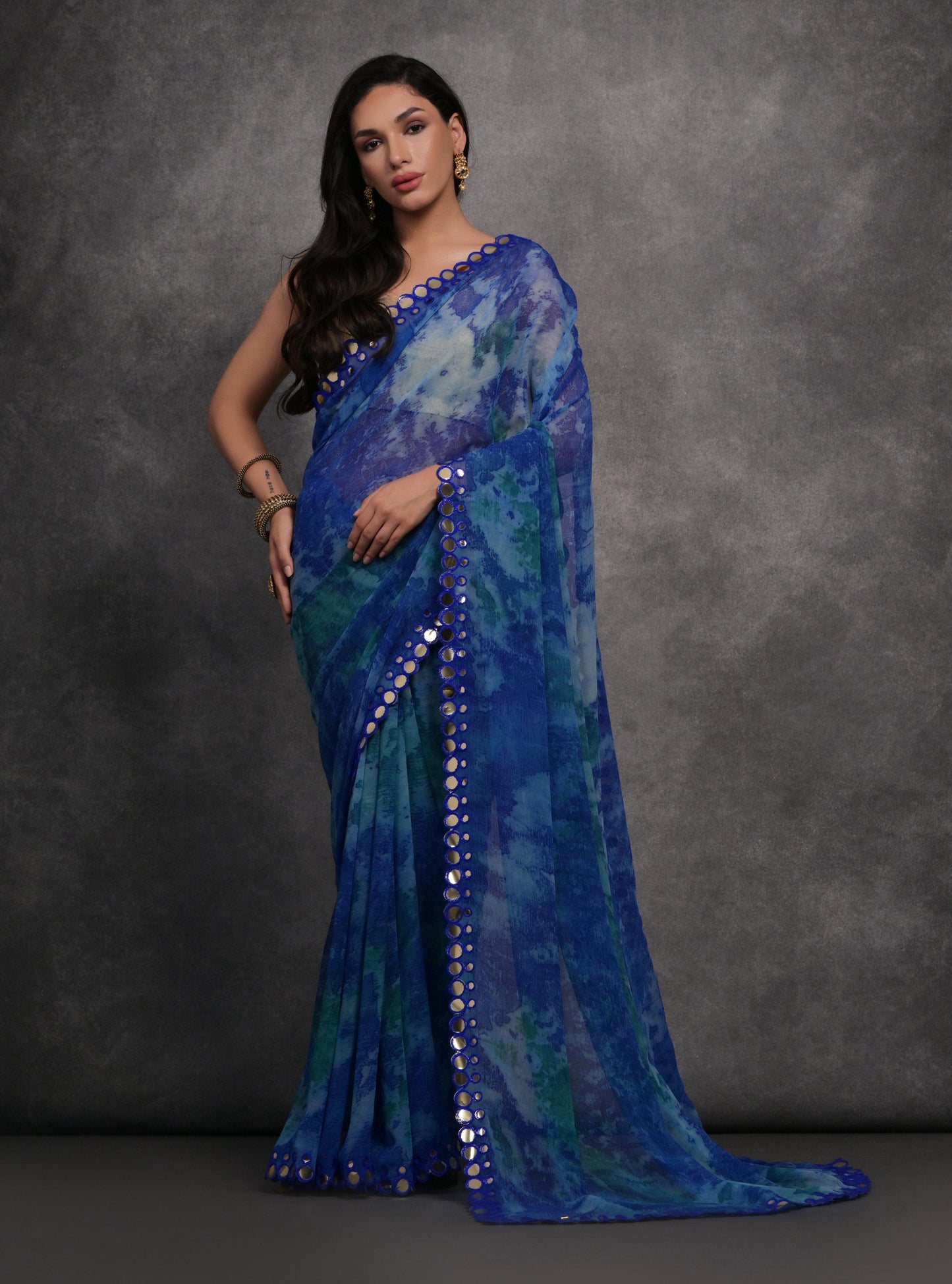 Jyoti Fashion Women's Blue Chiffon Print with Mirror Work Designer Saree with Blouse | Swadesiicart